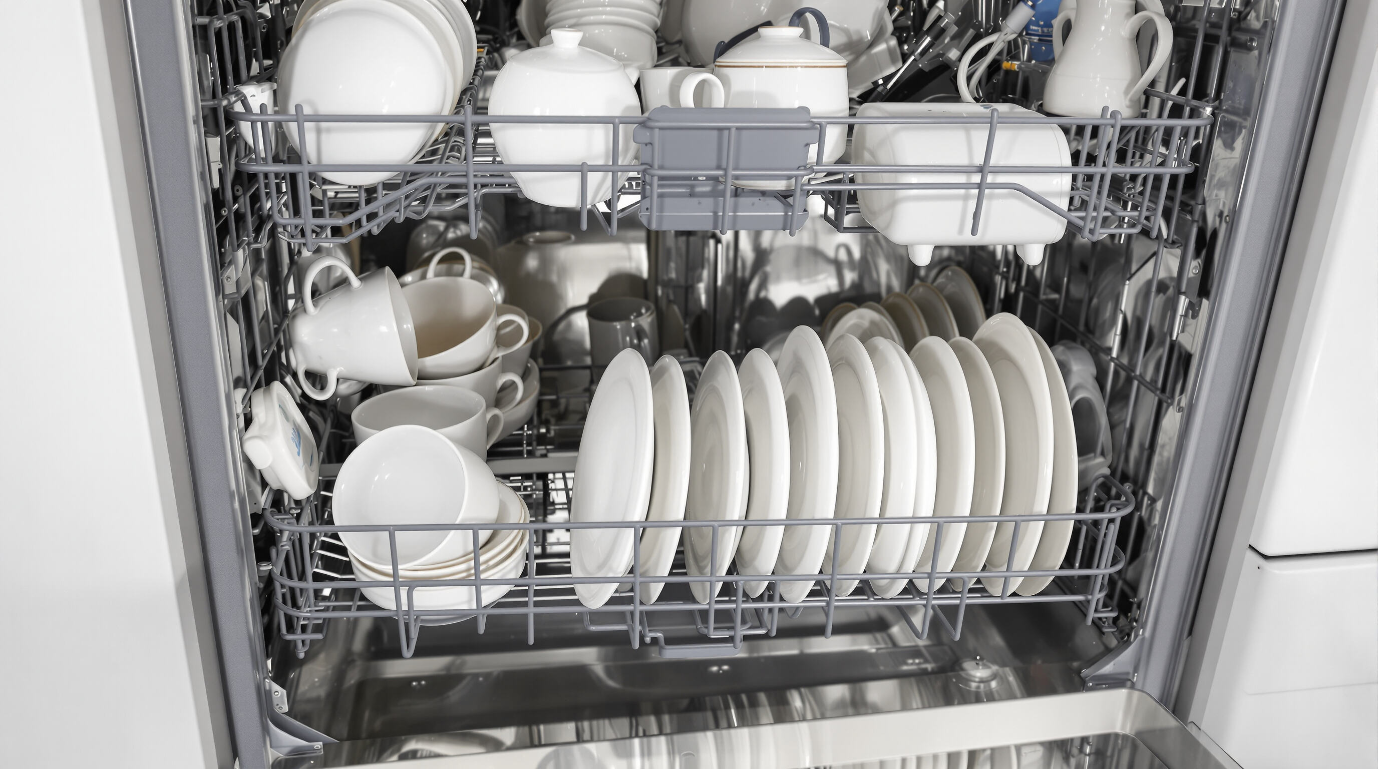 Fine porcelain dishes properly loaded and spaced in an open dishwasher with soft lighting