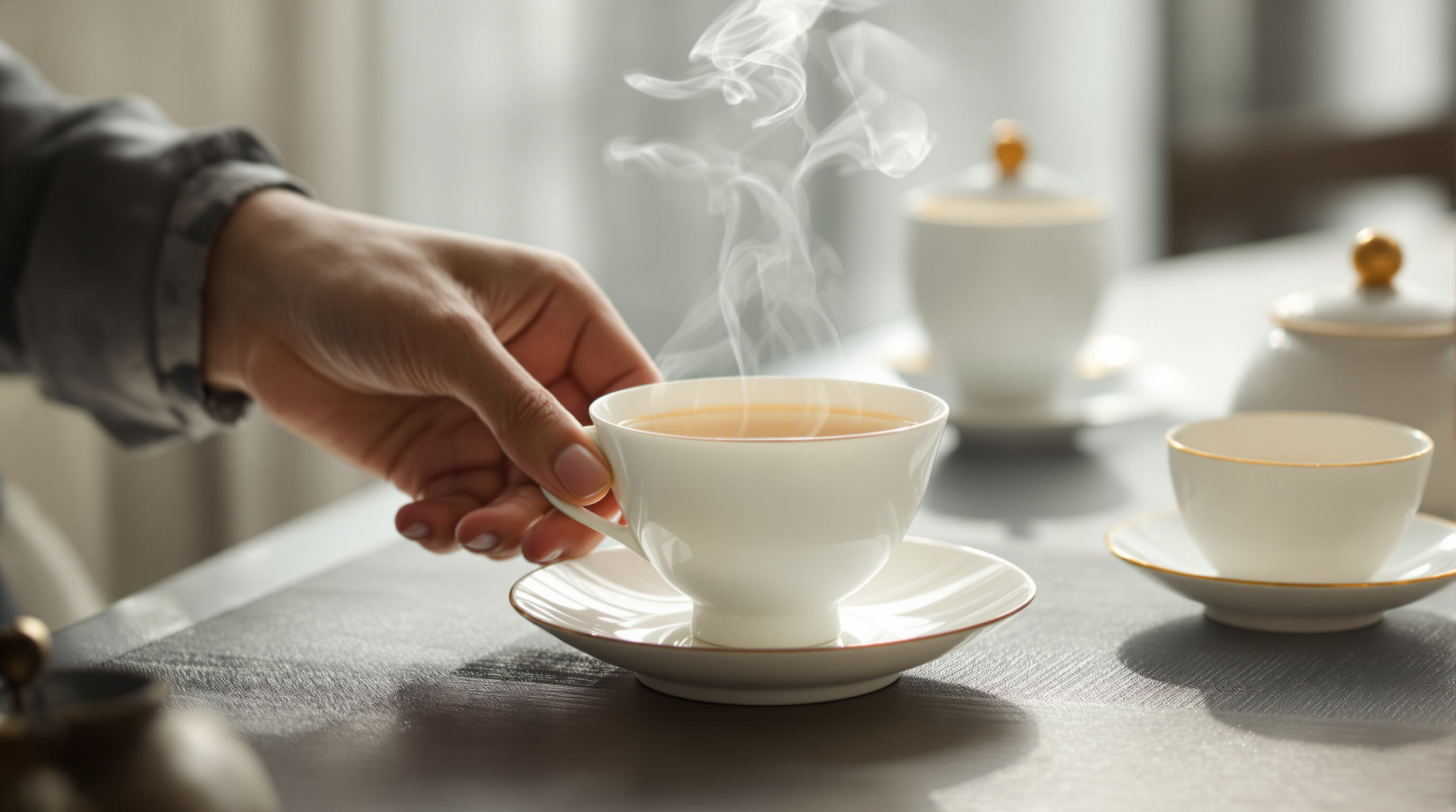 Hand holding a steaming porcelain teacup with minimalist teaware on table