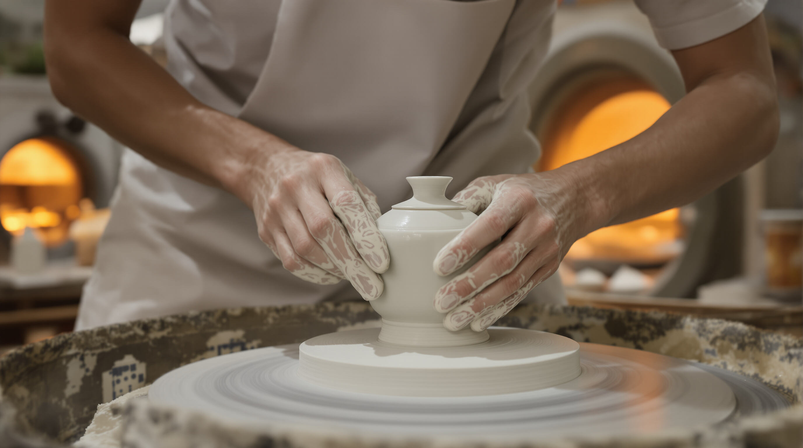 Jingdezhen artisan shaping a porcelain teapot on a potter's wheel in a traditional workshop