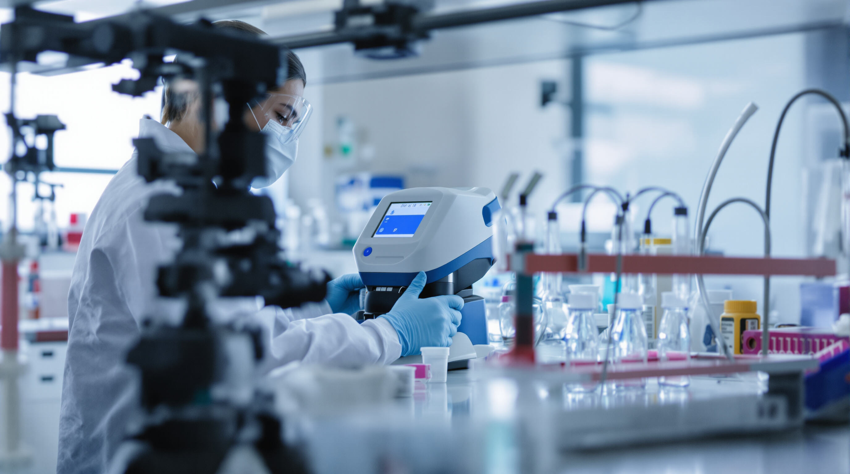 Lab technician conducting digital colorimetric chlorine tests with smartphone imaging and pink test tubes