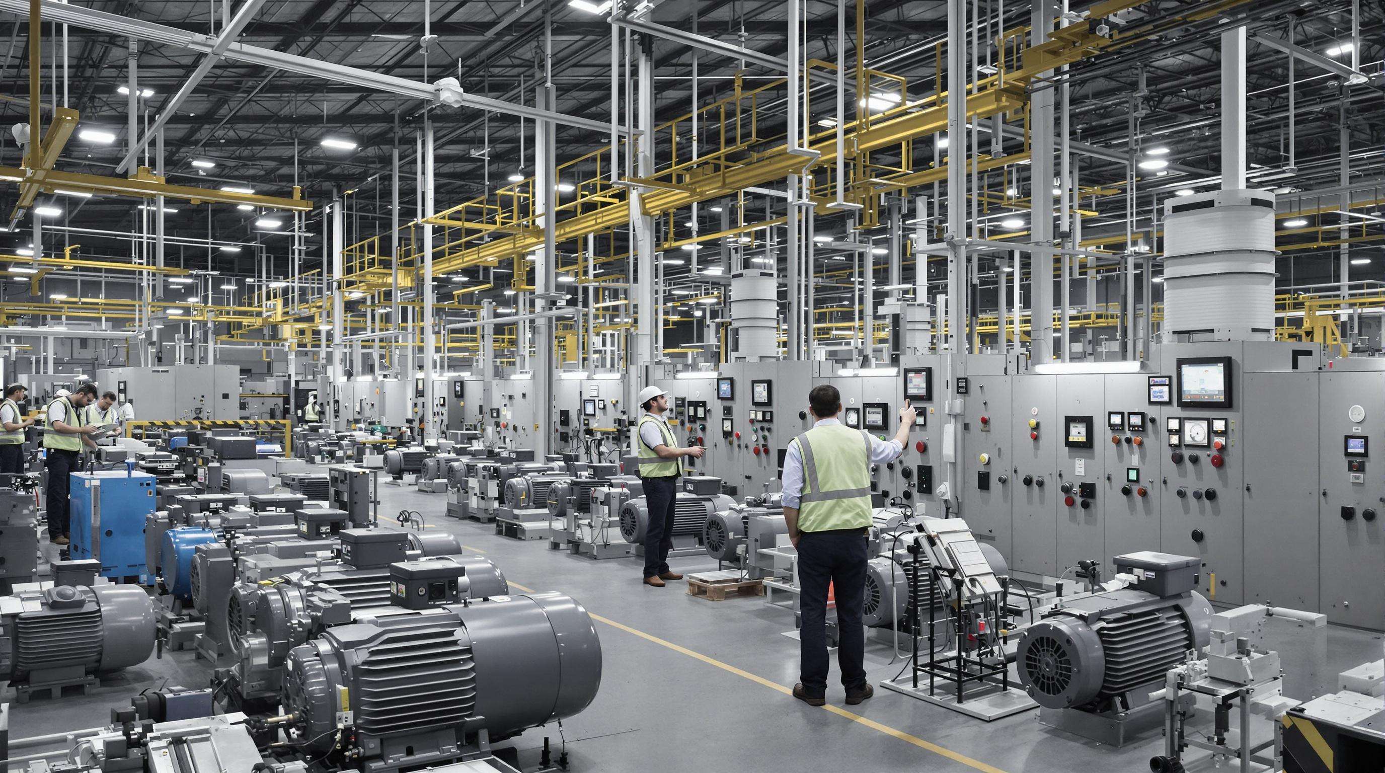 Factory floor with motors and control panels, engineers monitoring energy use