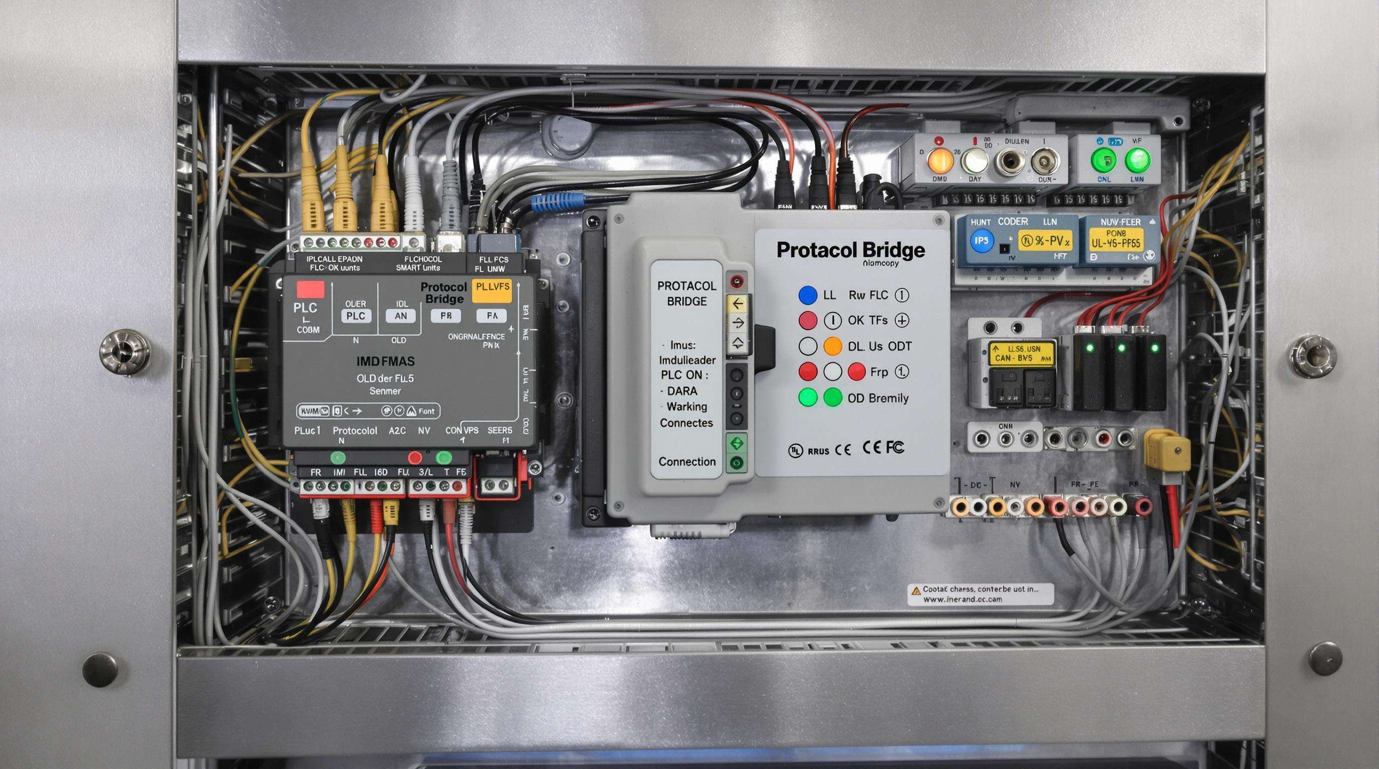 Industrial control panel with protocol bridge device connecting legacy PLCs and modern smart sensors