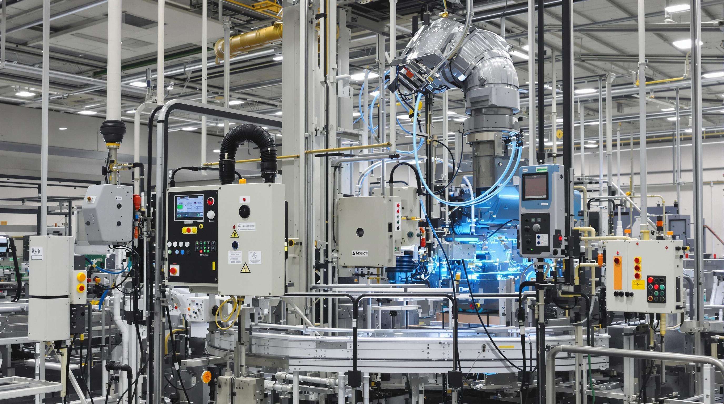 Upgraded industrial machinery in a factory with smart control components indicating improved efficiency
