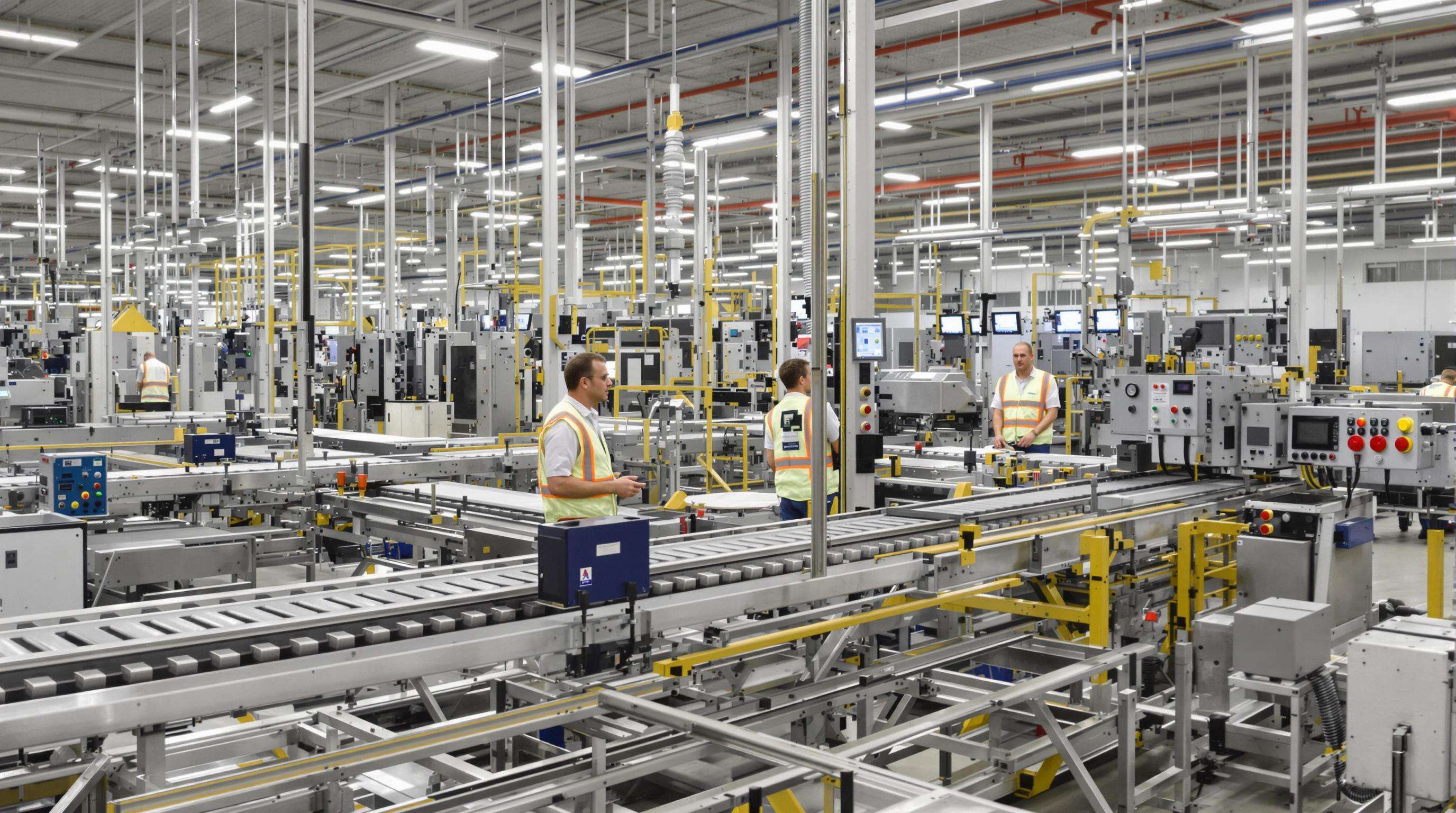 Factory floor with active PLC panels controlling machinery, some equipment running efficiently and others idle