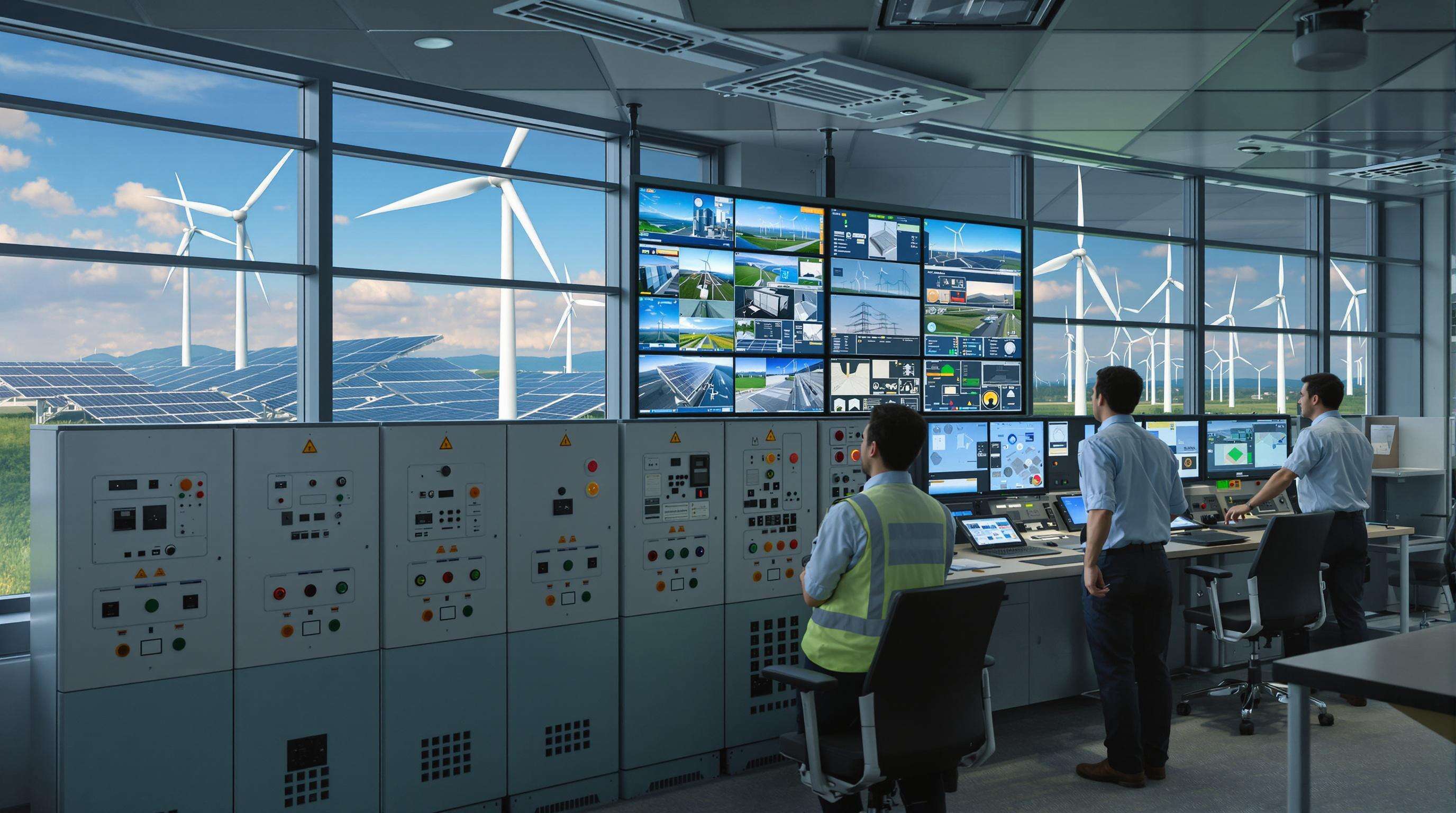 Industrial control room with engineers overseeing PLCs connected to renewable energy sources like solar panels and wind turbines