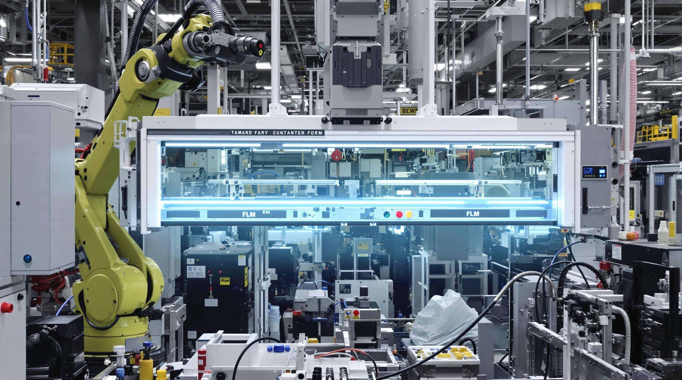 Compact safety light curtains mounted on factory equipment in a crowded industrial setting