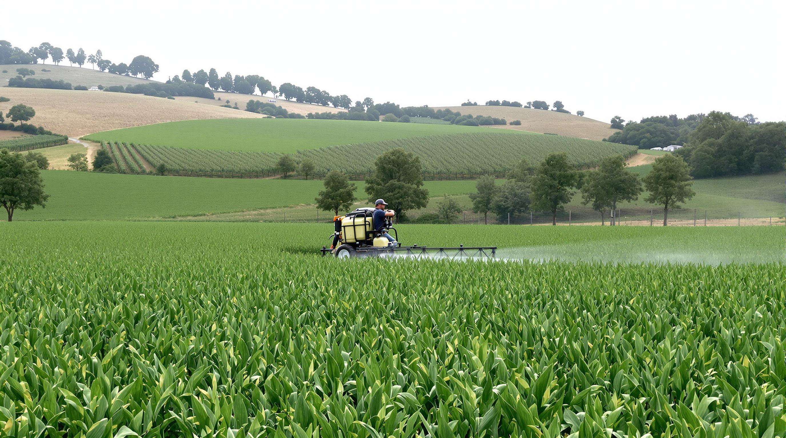 Farmer using a portable sprayer for targeted treatment in a crop field with varying plant health