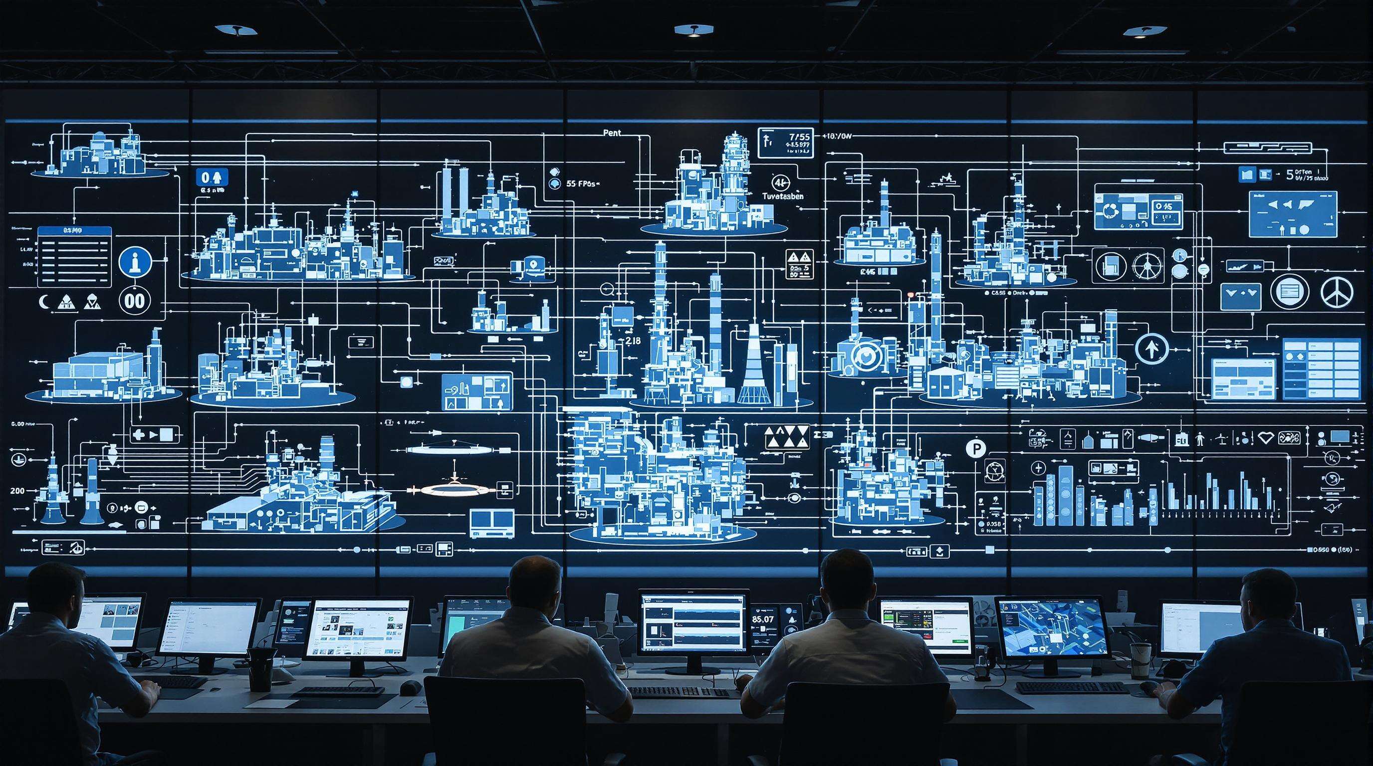 Engineers collaborating with digital displays showing data from multiple factory sites