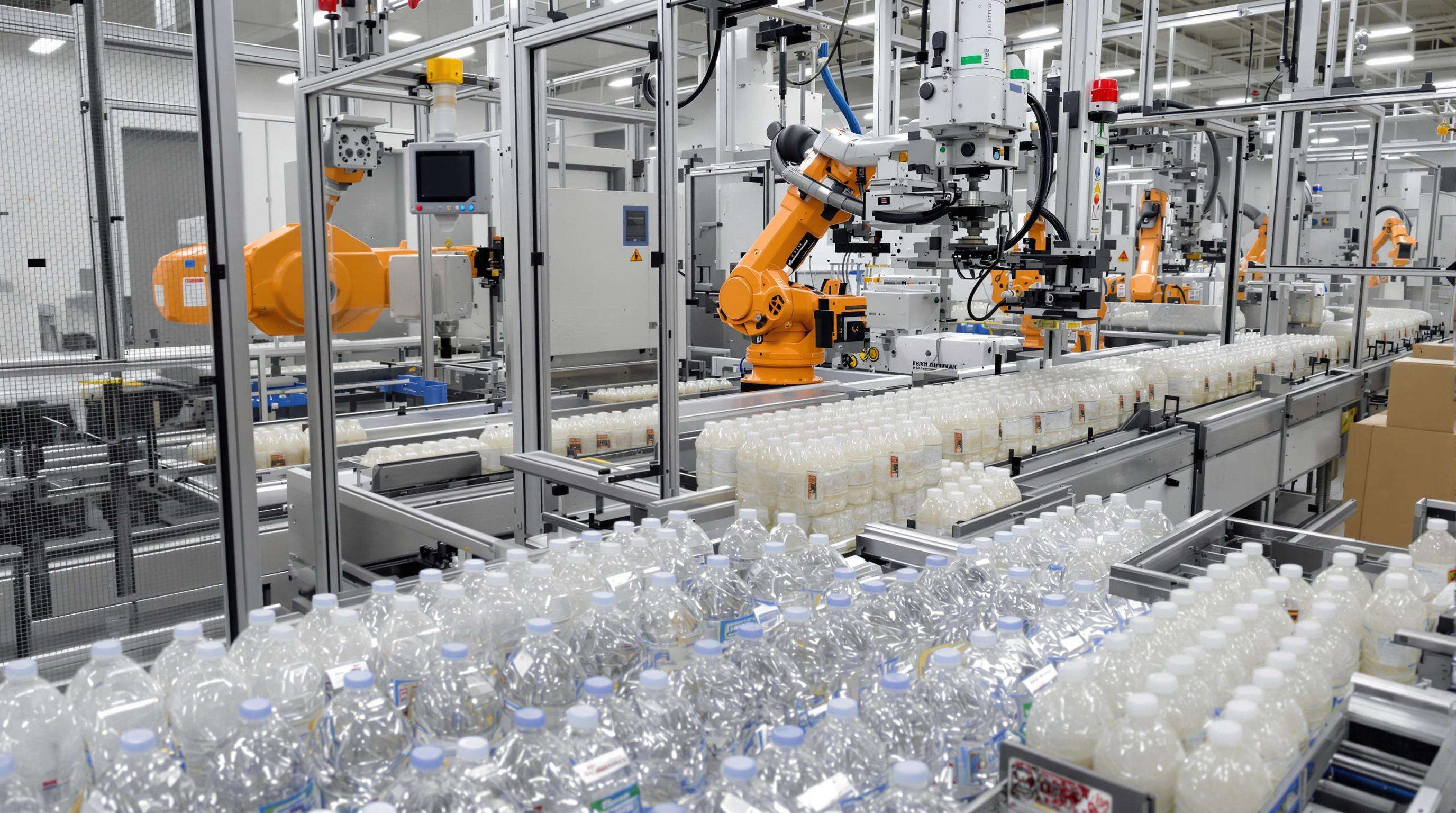 Automated packaging machinery sorting bottles with inspection cameras in a factory