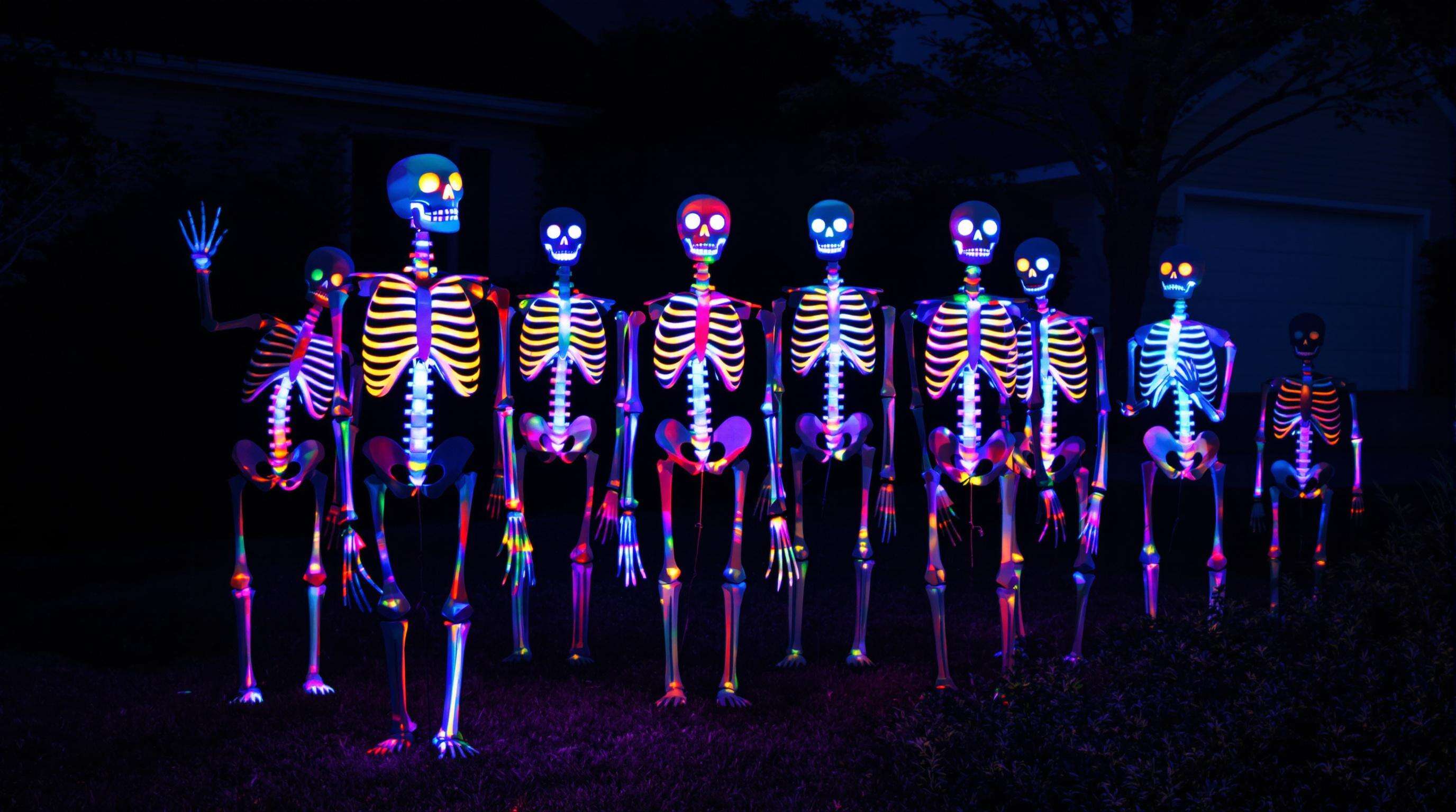Blow-molded skeletons glowing with LED lights in a nighttime yard scene