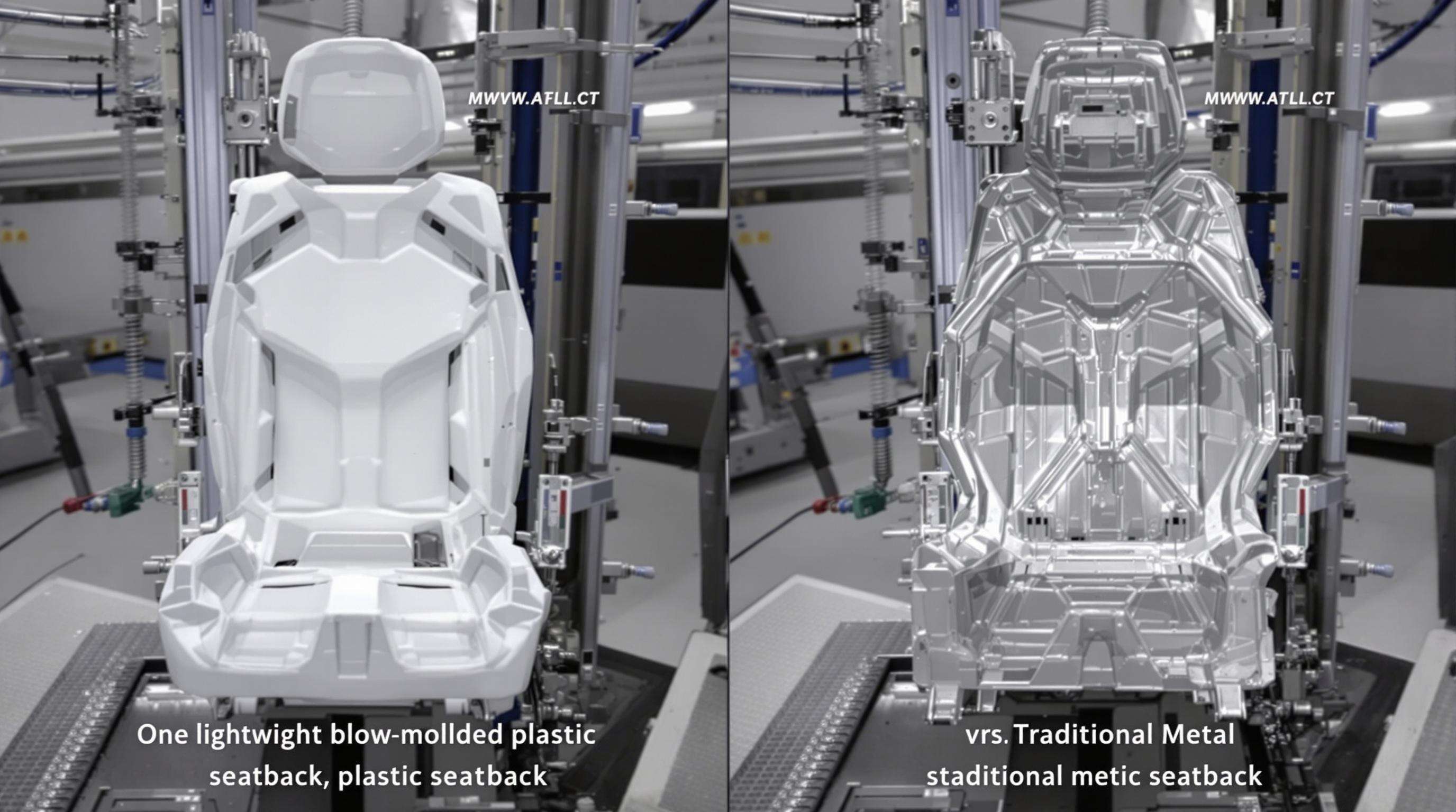 Photorealistic comparison of lightweight blow-molded seatback and heavy metal seatback in a testing environment