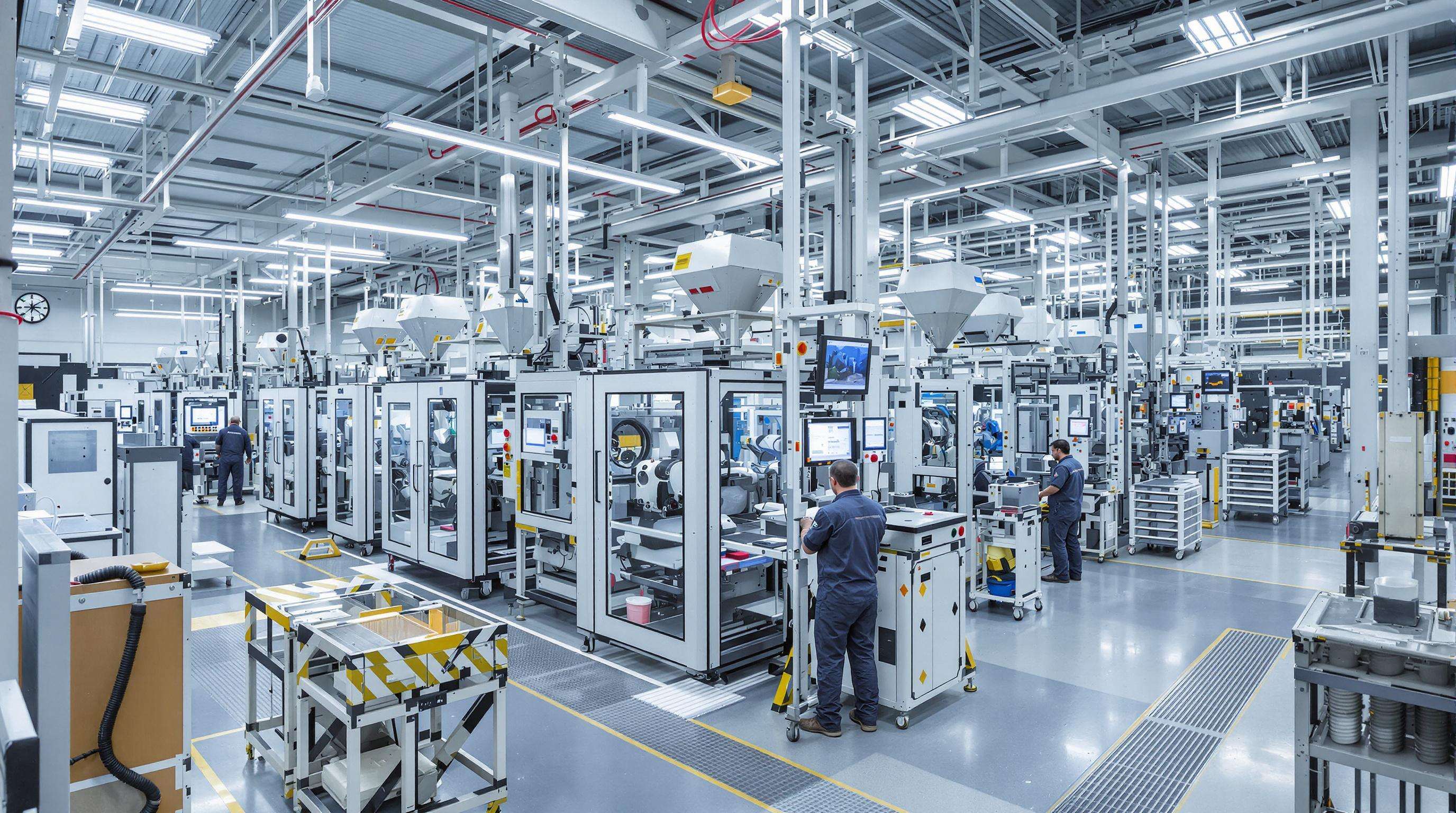 Automated blow molding machines and operators in a modern automotive factory