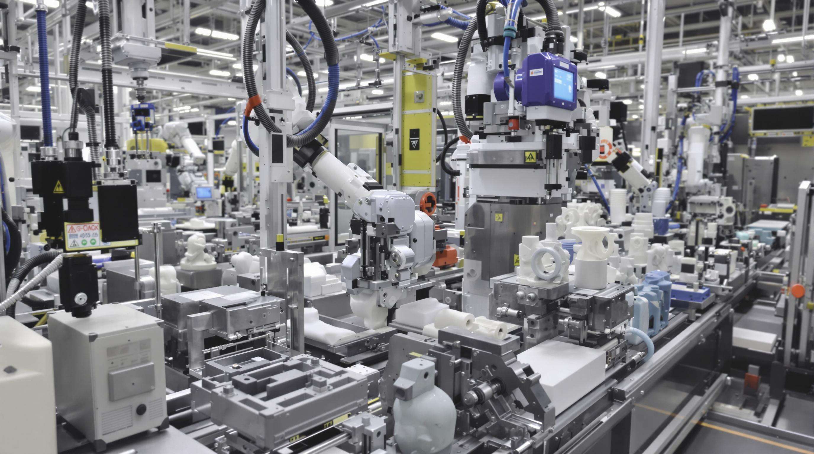Automated blow molding line with robotic arms and sensor systems ensuring efficient plastic part production