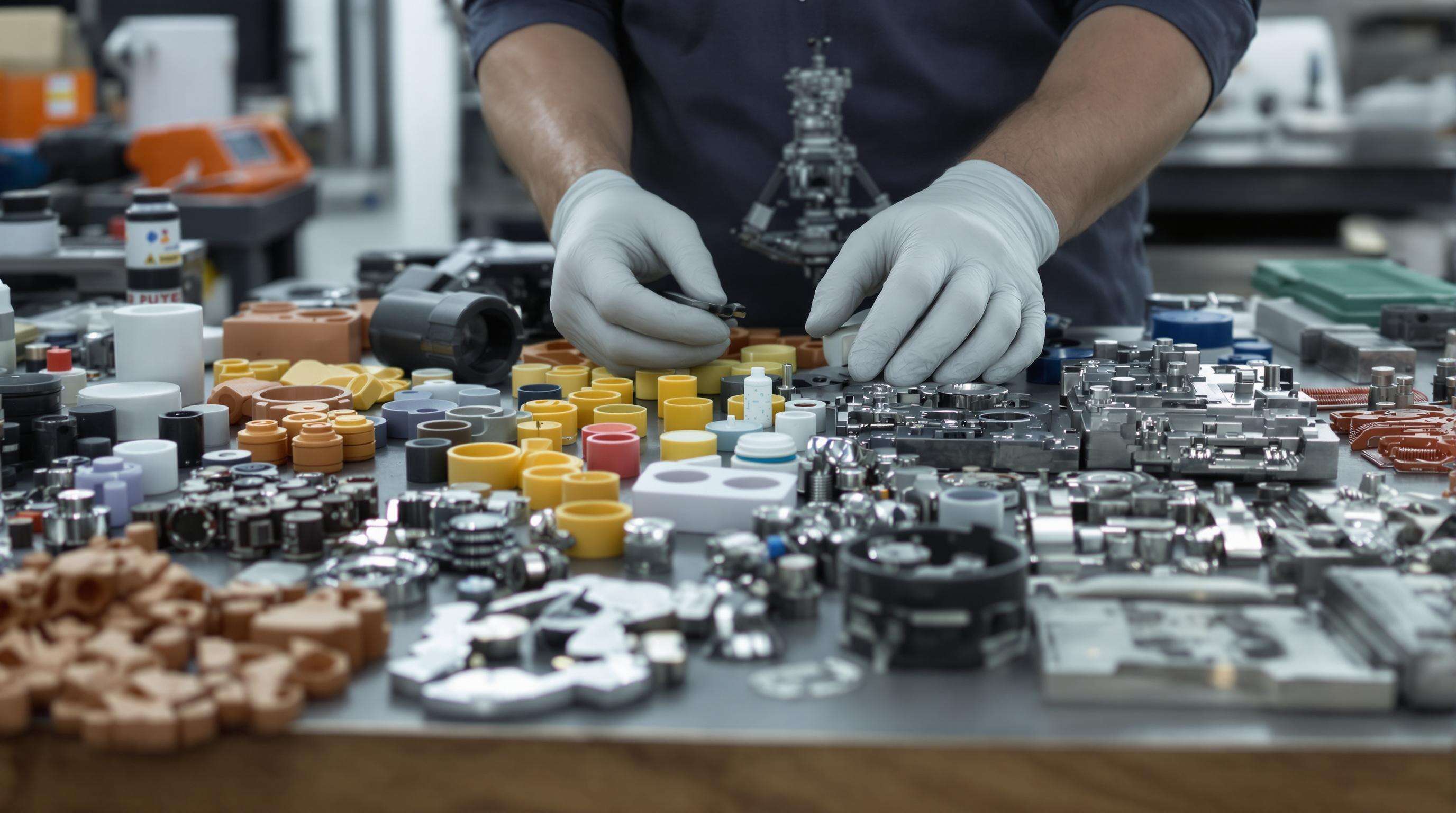 Hands inspecting plastic parts and mold tooling on a workbench in an industrial setting