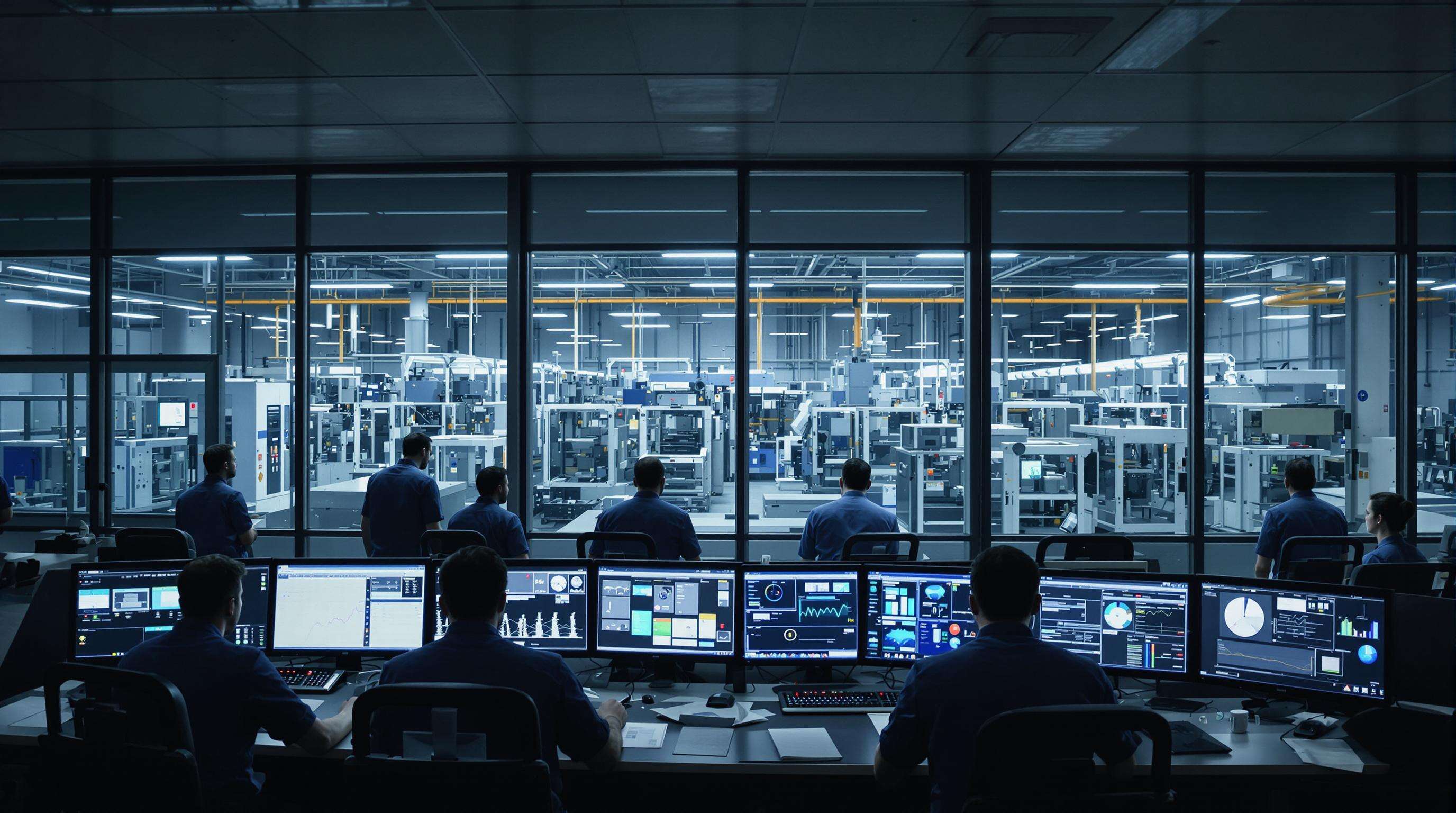 Technicians in a factory control room monitoring digital dashboards and production data for blow molding machines
