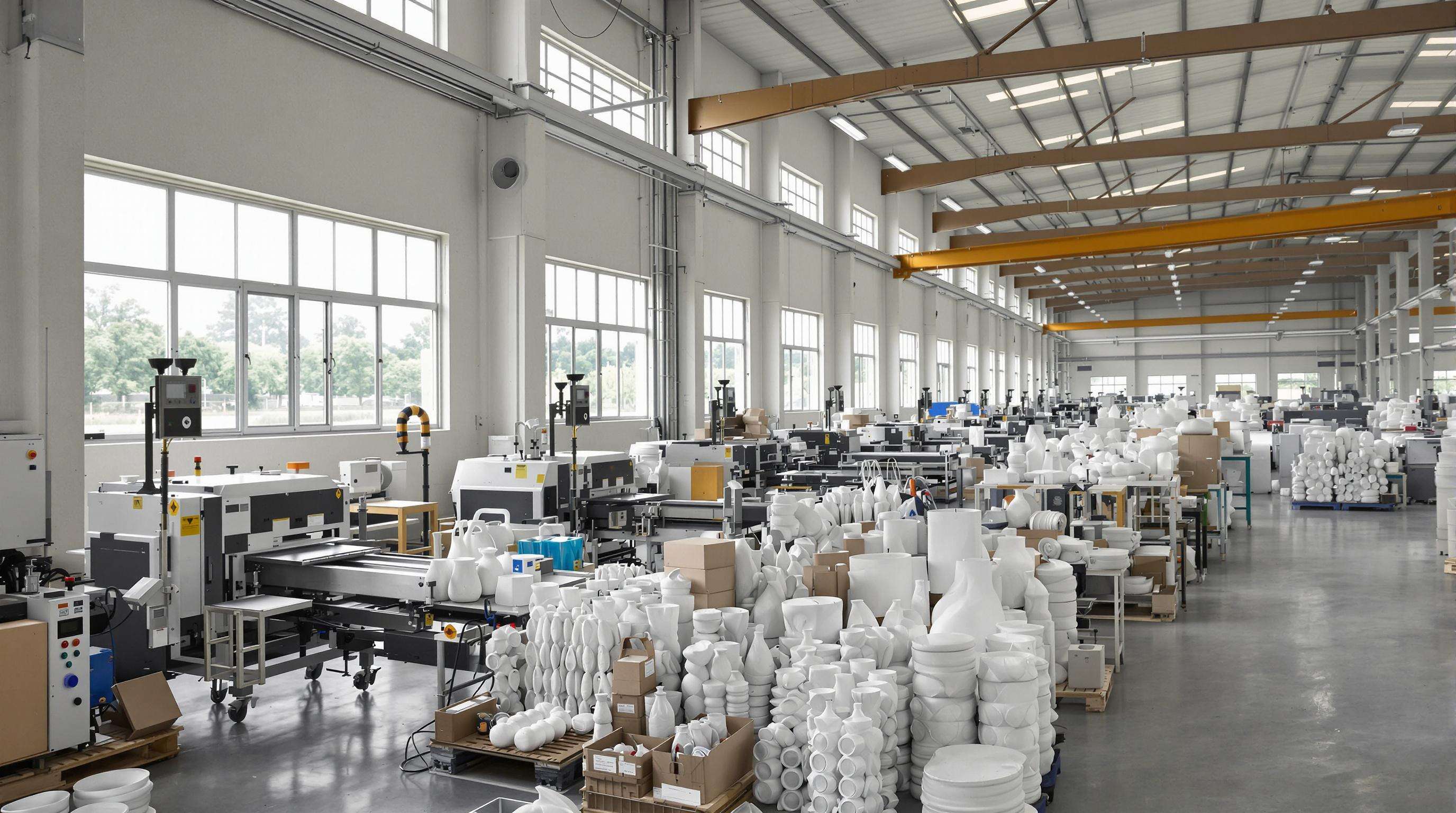 Modern factory with blow molding machines and solar panels producing sustainable plastic home accessories
