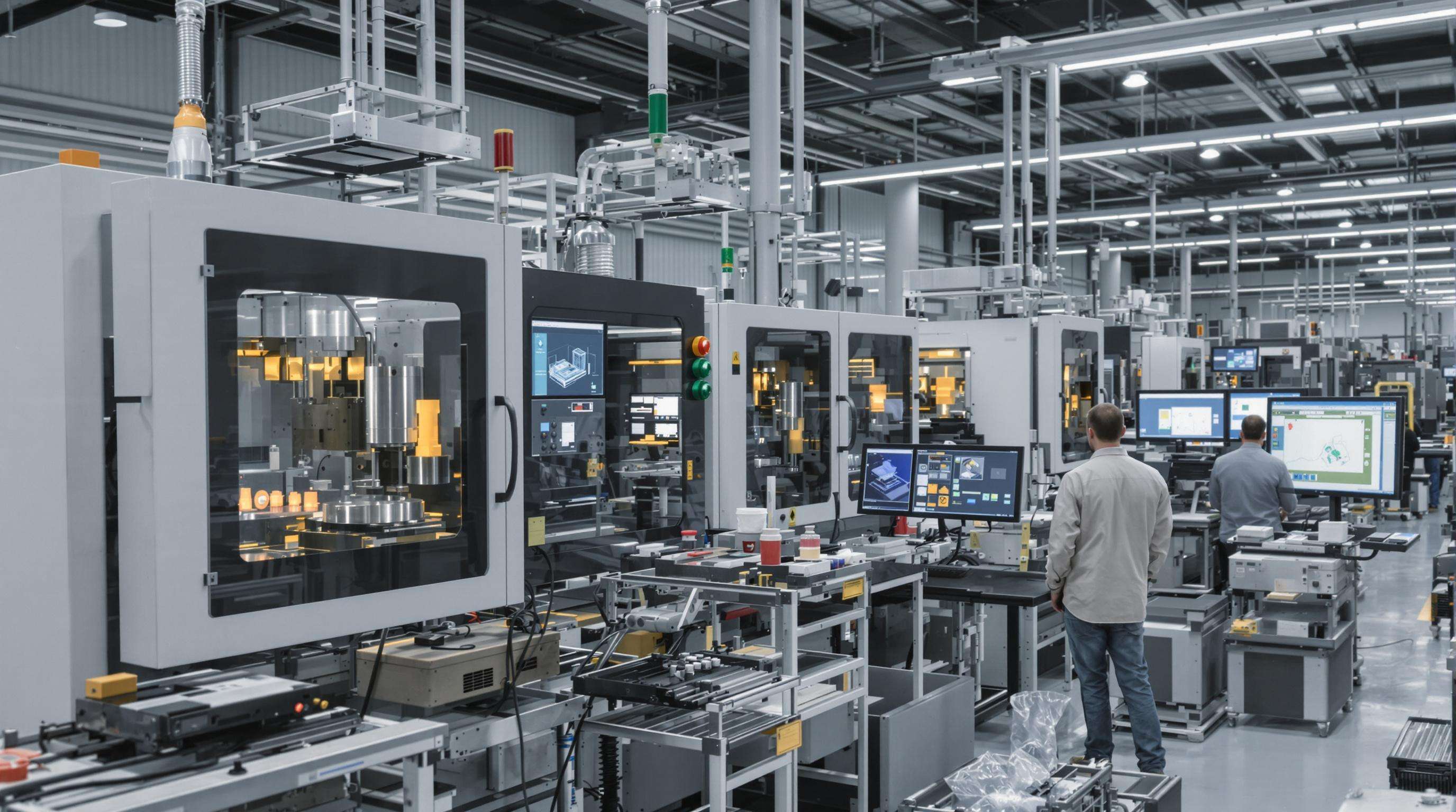 Engineers using advanced blow molding machines and monitoring real-time data in a high-tech factory environment