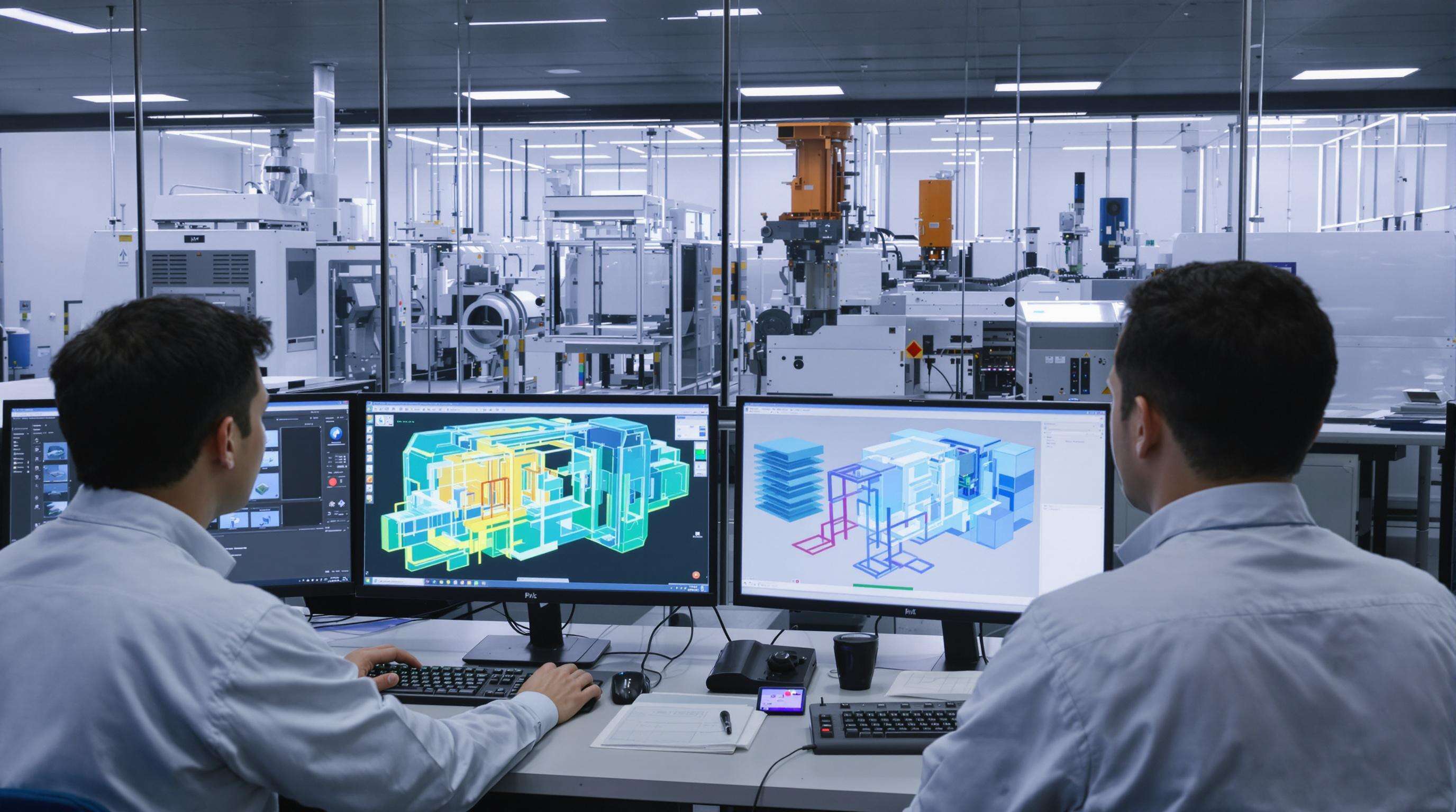 Engineers analyzing digital twins of blow molding machines on computer screens