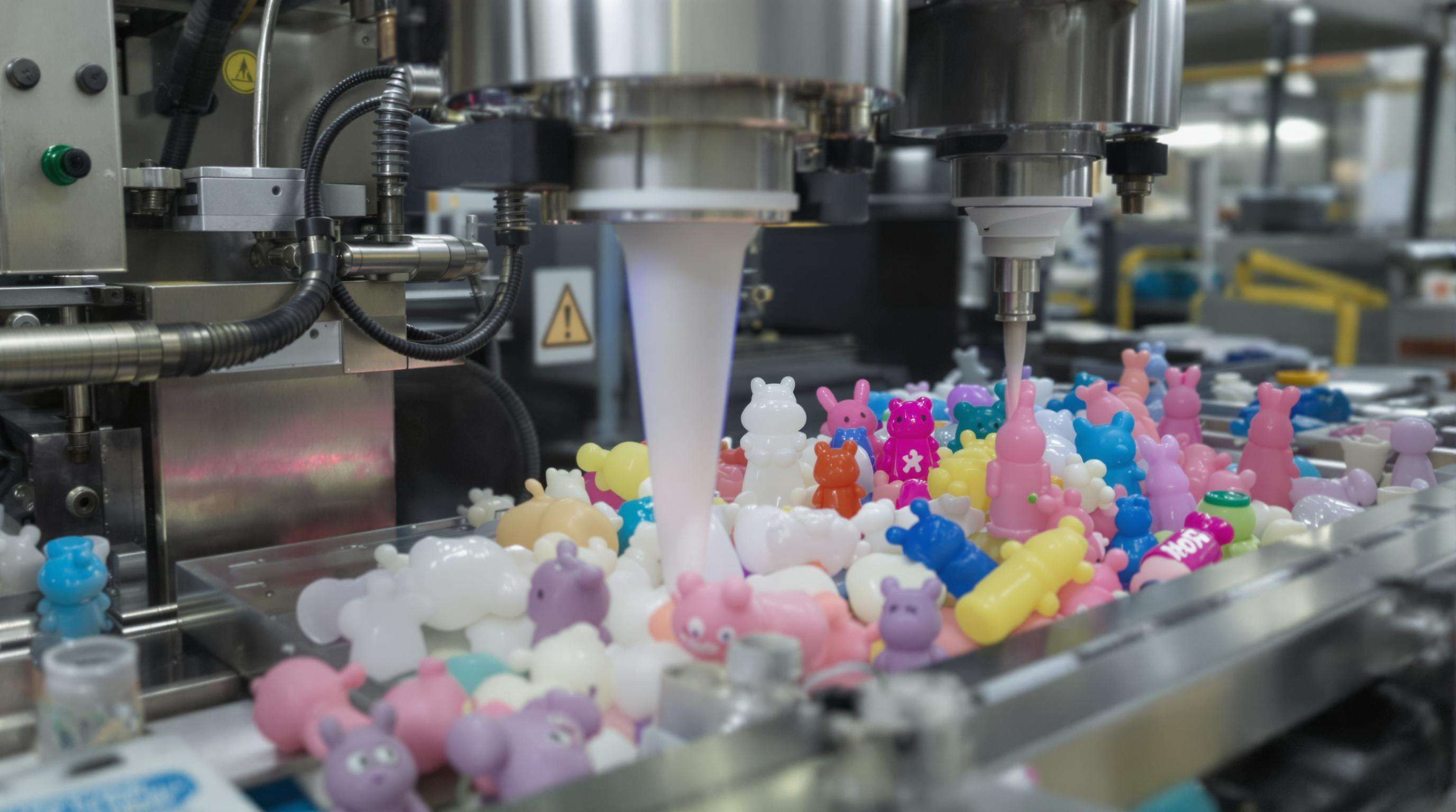 A photorealistic scene of a blow molding machine forming hollow plastic toys inside a factory