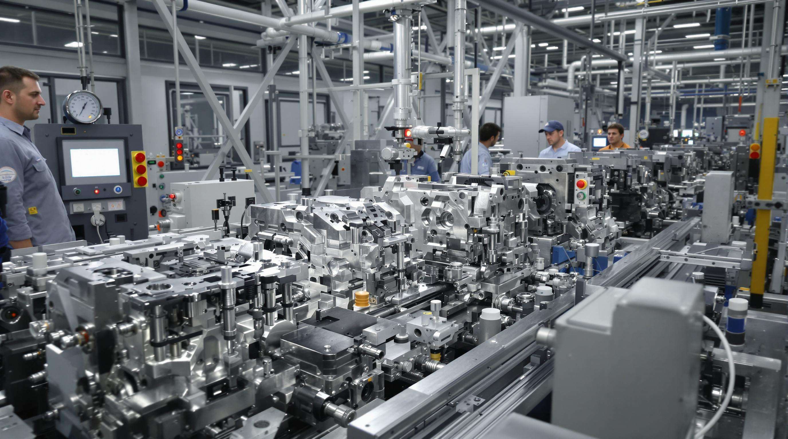 Modern factory blow-molding line with engineers checking precision equipment