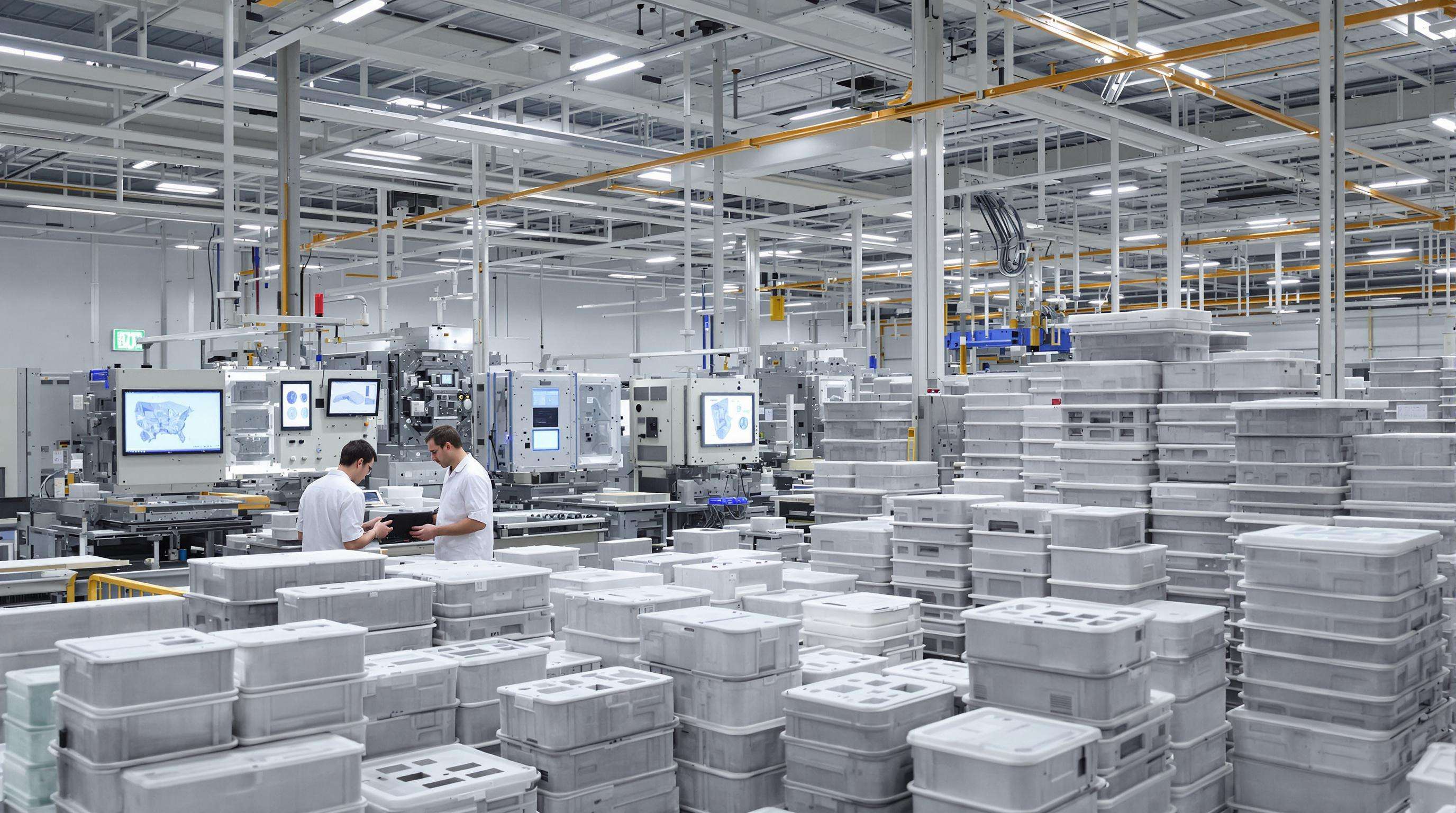 Engineers overseeing transition from prototype blow-molded parts to mass-produced containers in a factory