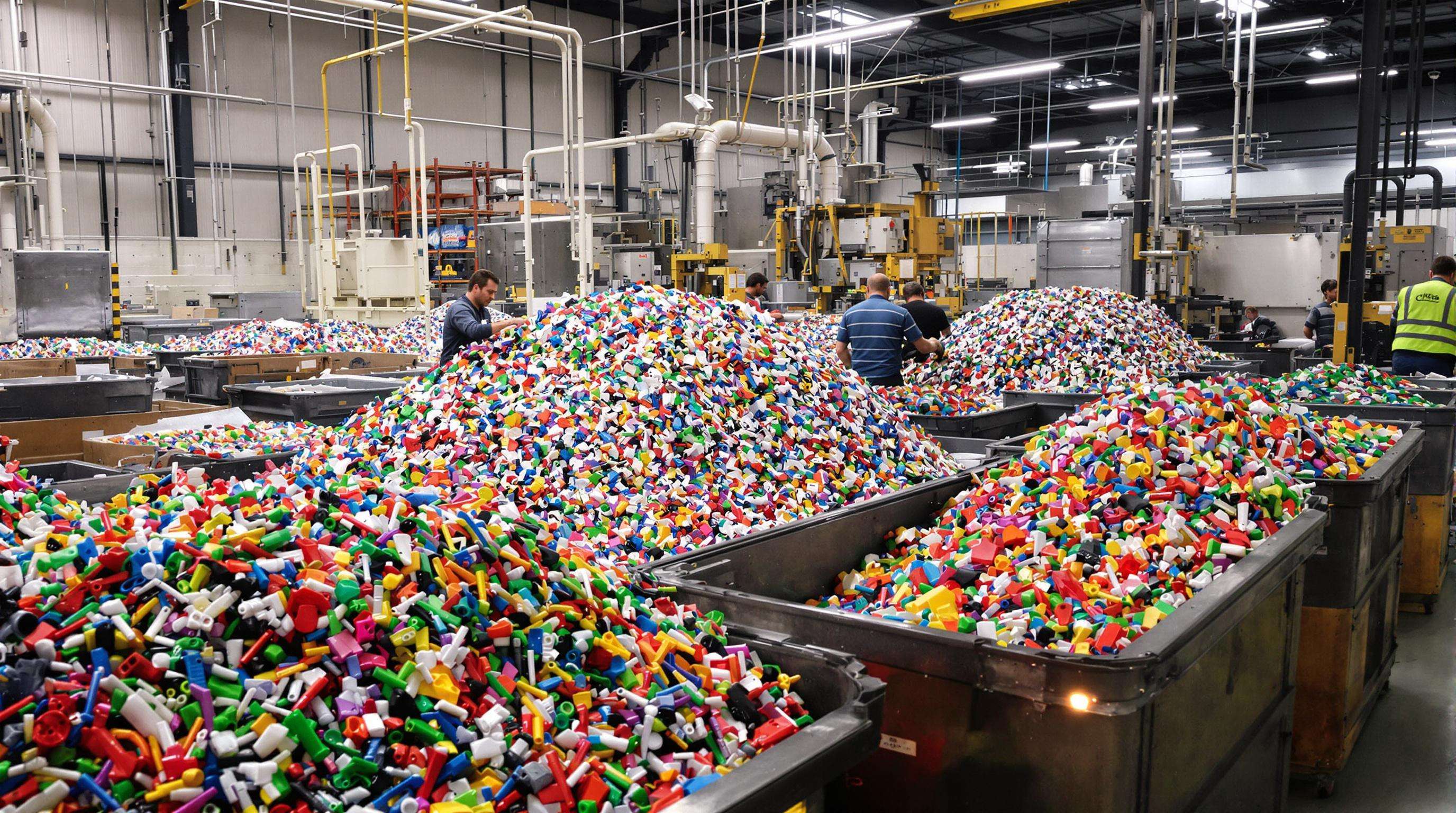 A realistic image of a recycling facility reprocessing used toys into new material
