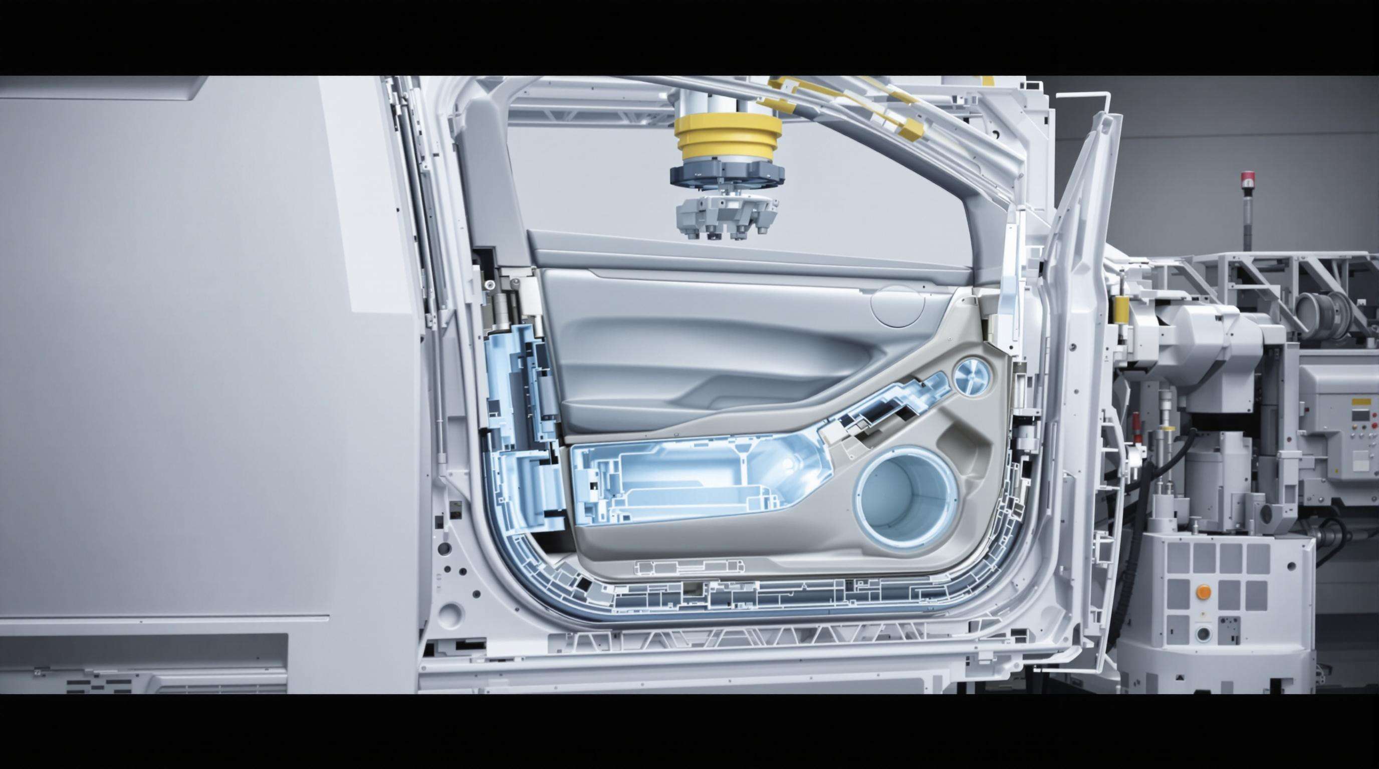 Photorealistic cutaway of a car interior panel being blow molded with visible internal channels and integrated features