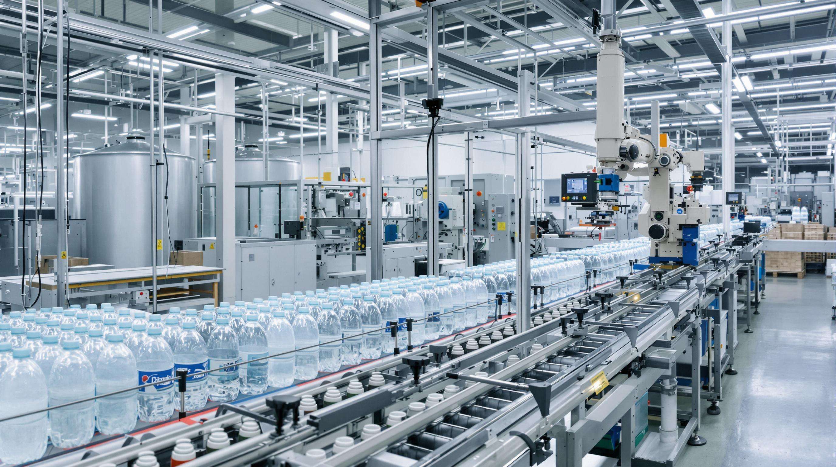 Industrial blow-molding factory with automated machines and robotic arms inspecting plastic bottles