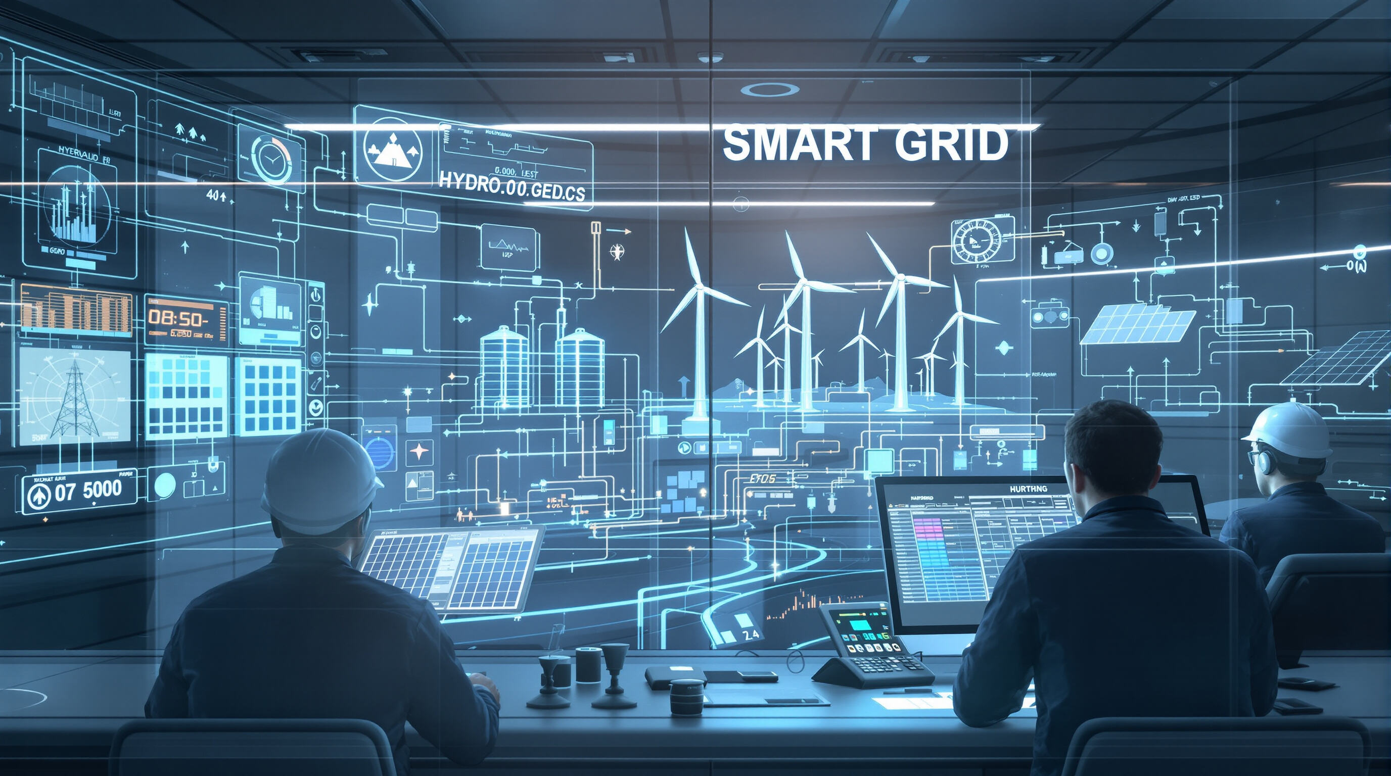 Engineers managing a smart grid control room with hydrogen tanks integrated into wind and solar power systems