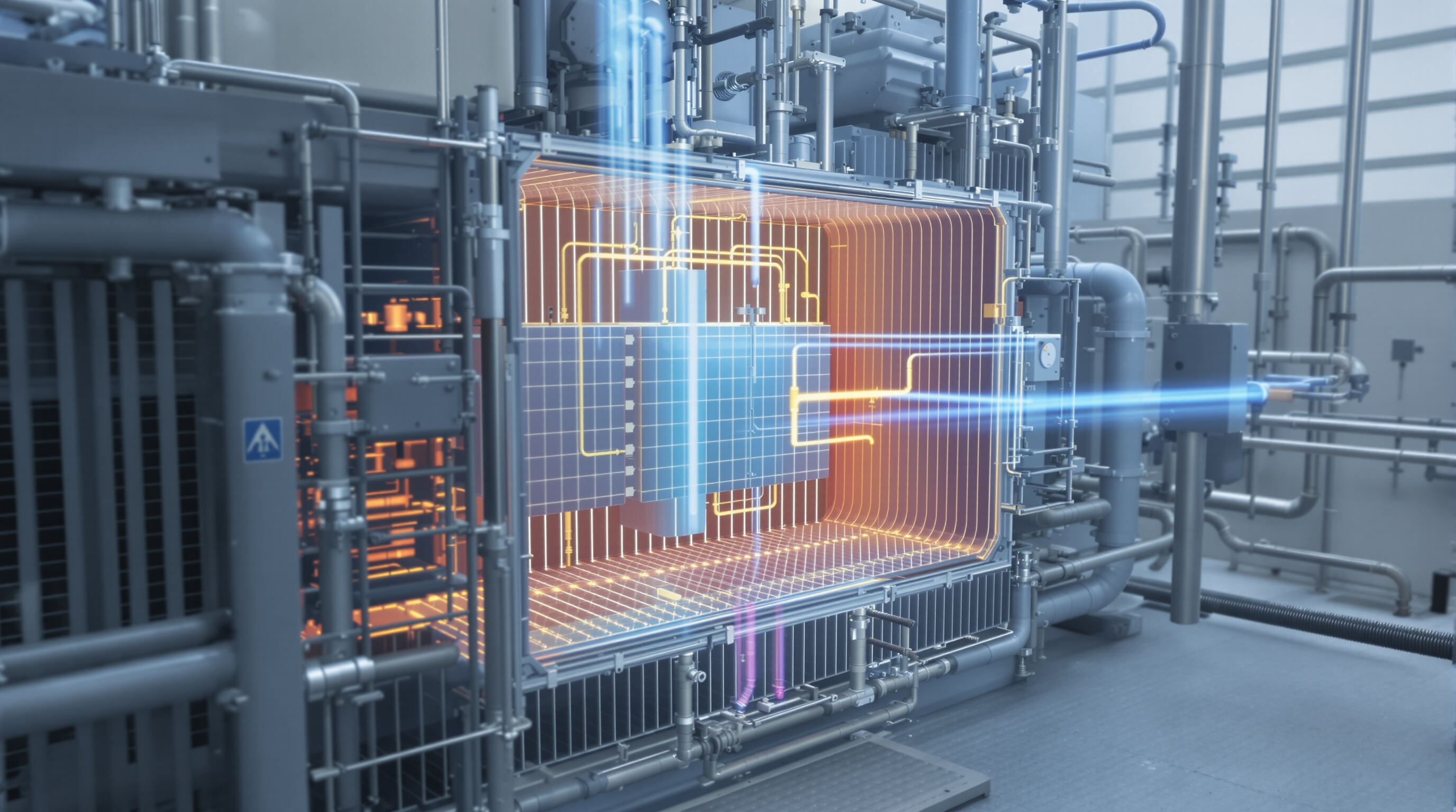 Photorealistic image of a metal hydride reactor with cooling tubes and visible thermal gradients showing heat management