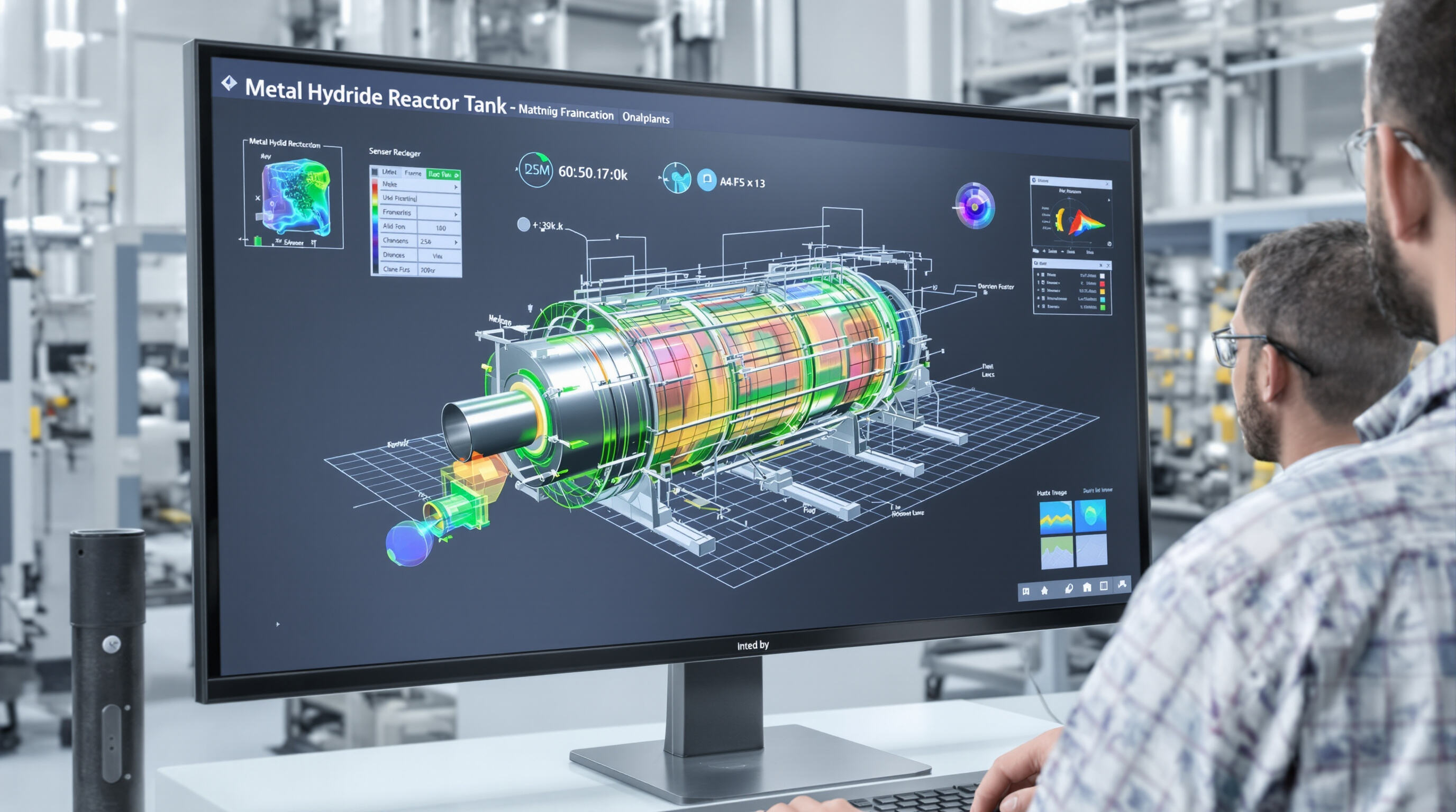Realistic photo of an engineer in a lab analyzing a screen with 3D thermal simulation of metal hydride storage