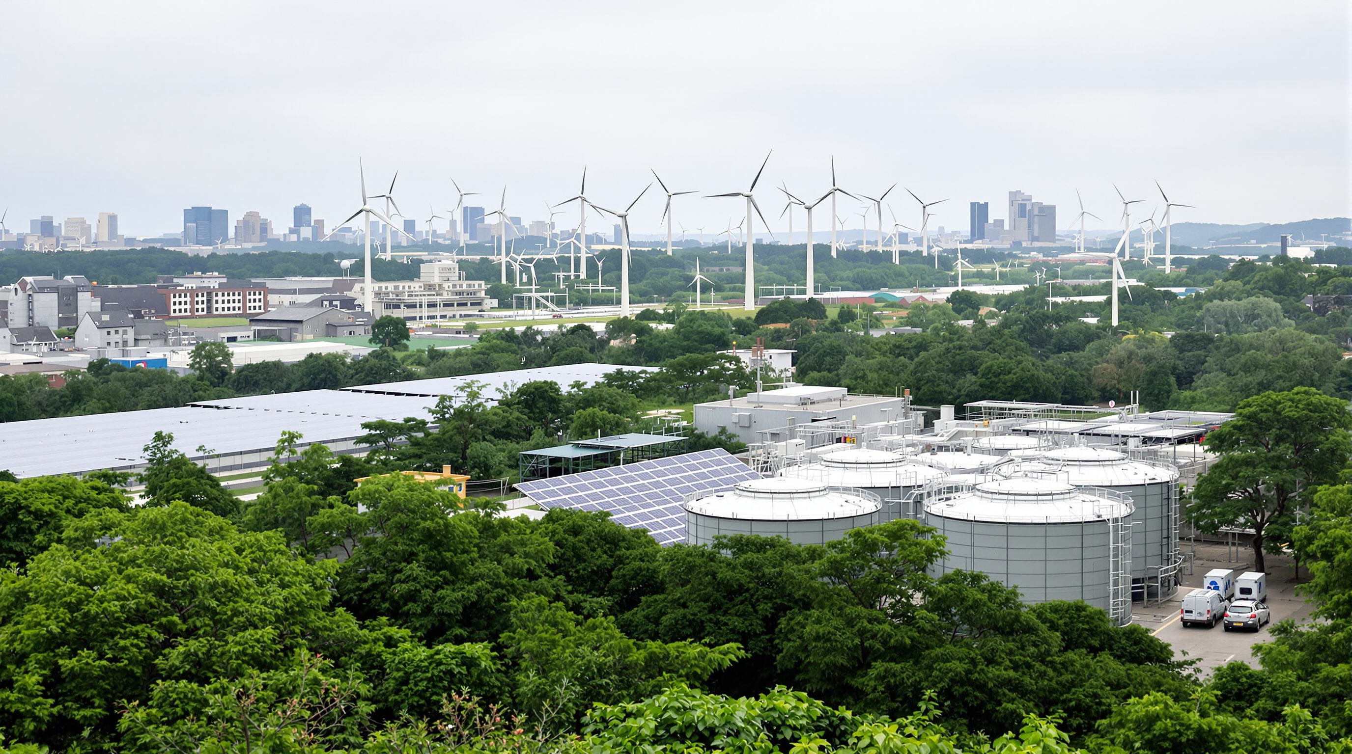 City skyline with hydrogen storage, solar panels, wind turbines, and greenery representing clean energy benefits