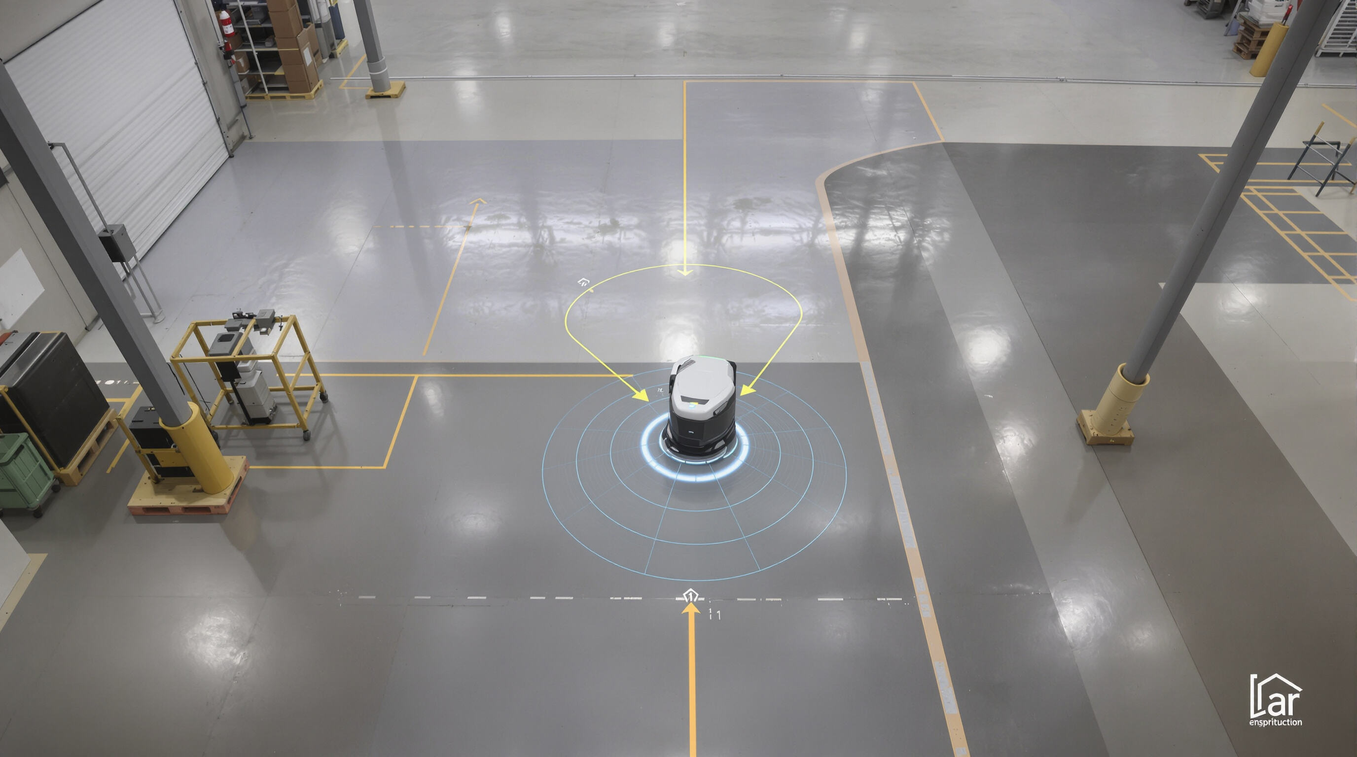 Autonomous floor sweeper navigating warehouse with sensor guidance