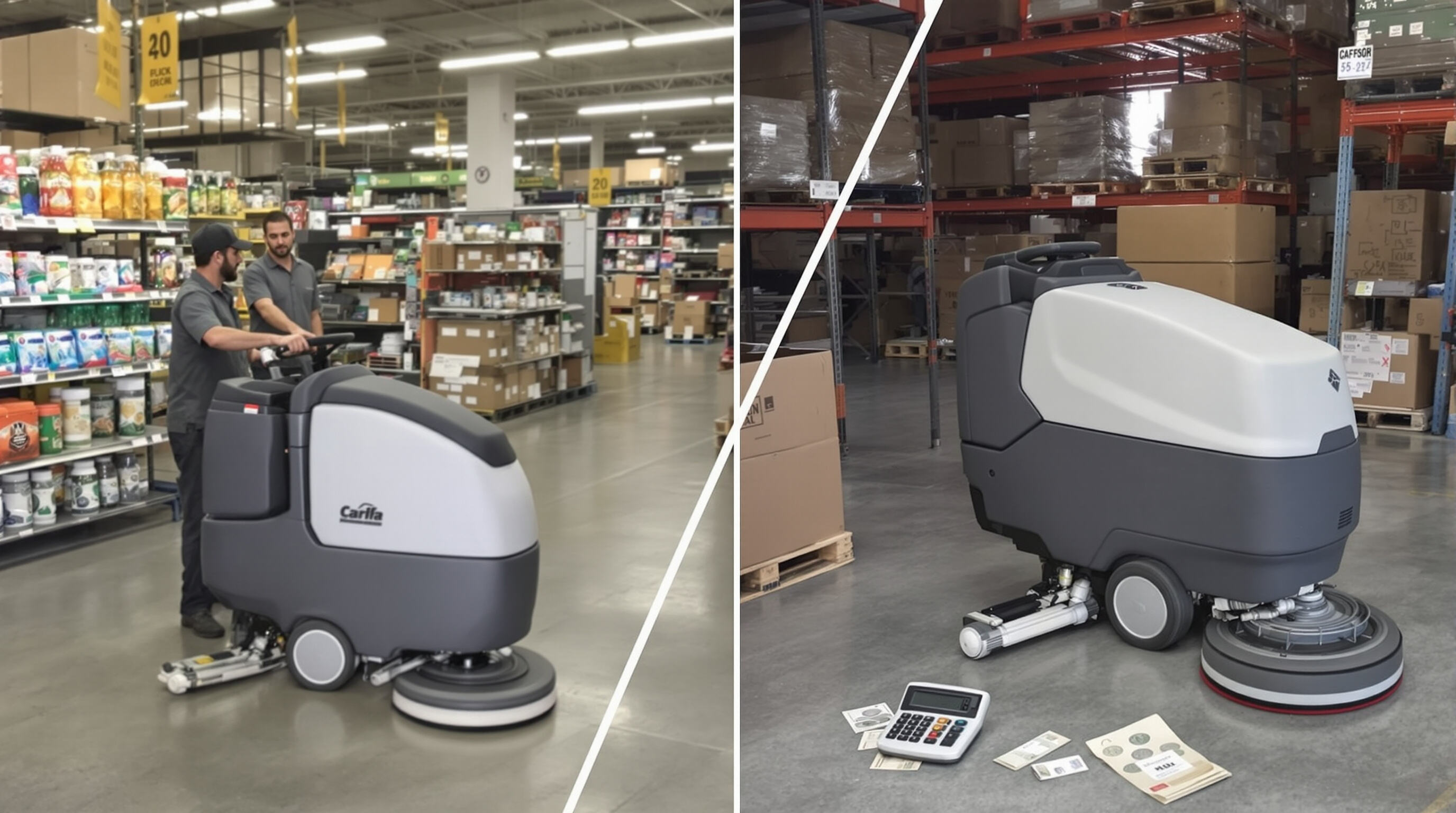 Floor scrubber in use and another stored, illustrating financial differences between rental and purchase