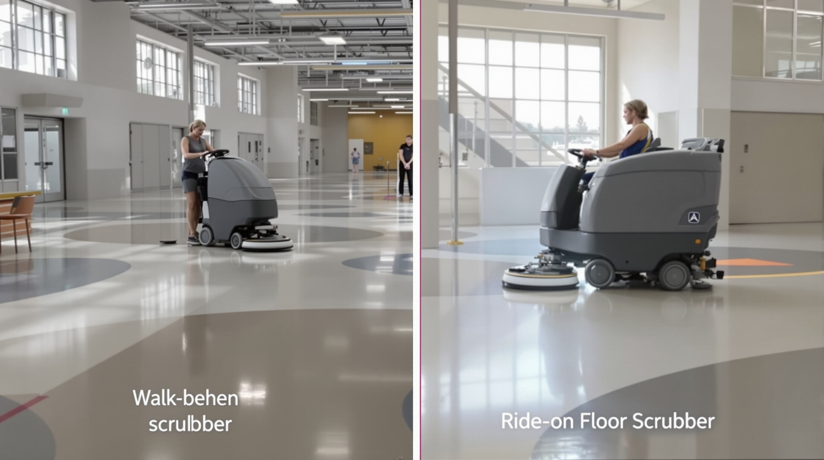 Walk-behind and ride-on floor scrubbers side by side cleaning a spacious commercial facility.