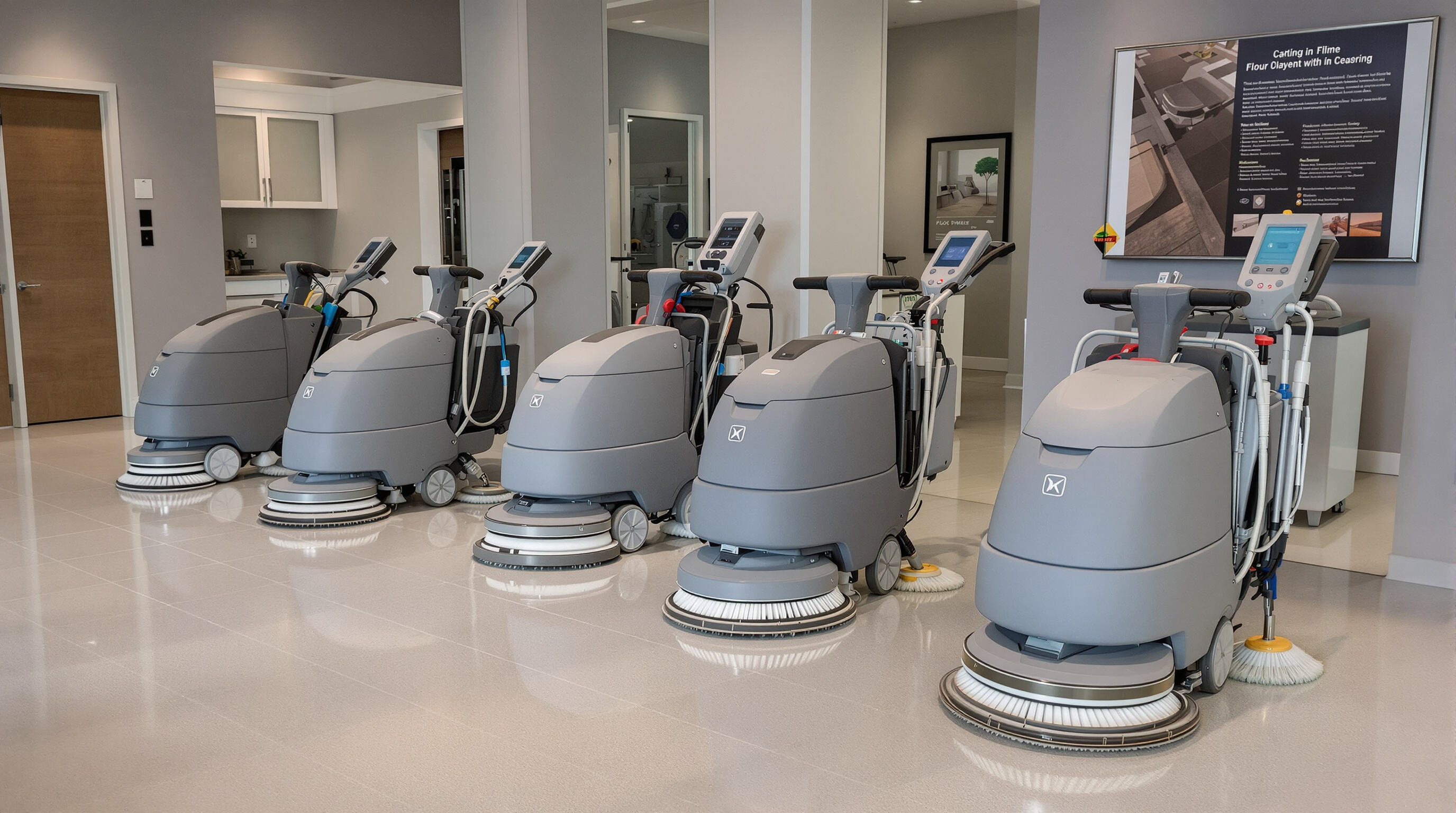 Lineup of diverse floor cleaning machines suited for different surfaces in a showroom