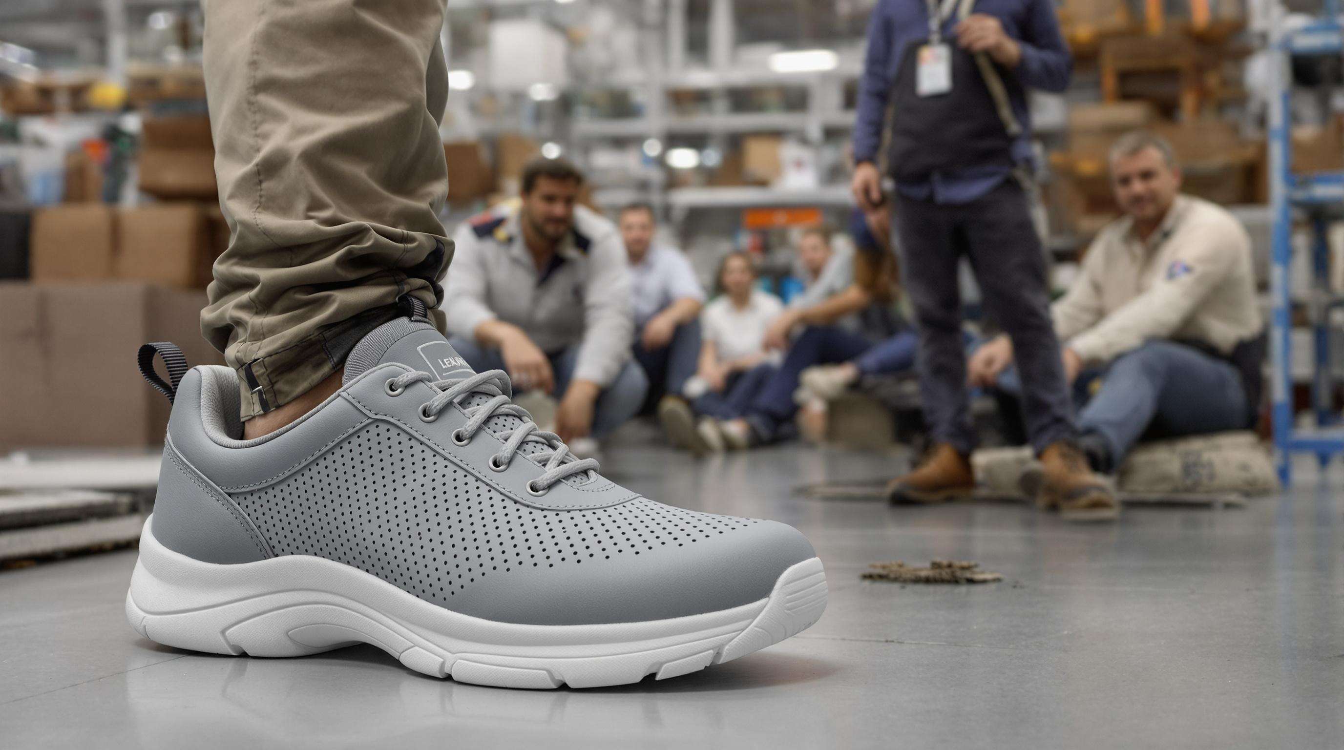 Workers relaxing and displaying breathable PU leather safety sneakers in a factory setting