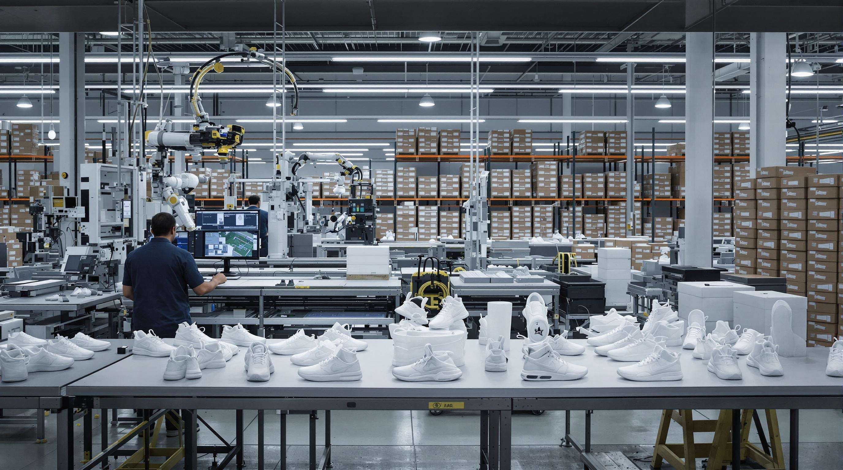 Automated shoe factory with robots, workers, and prototypes, illustrating scalable production