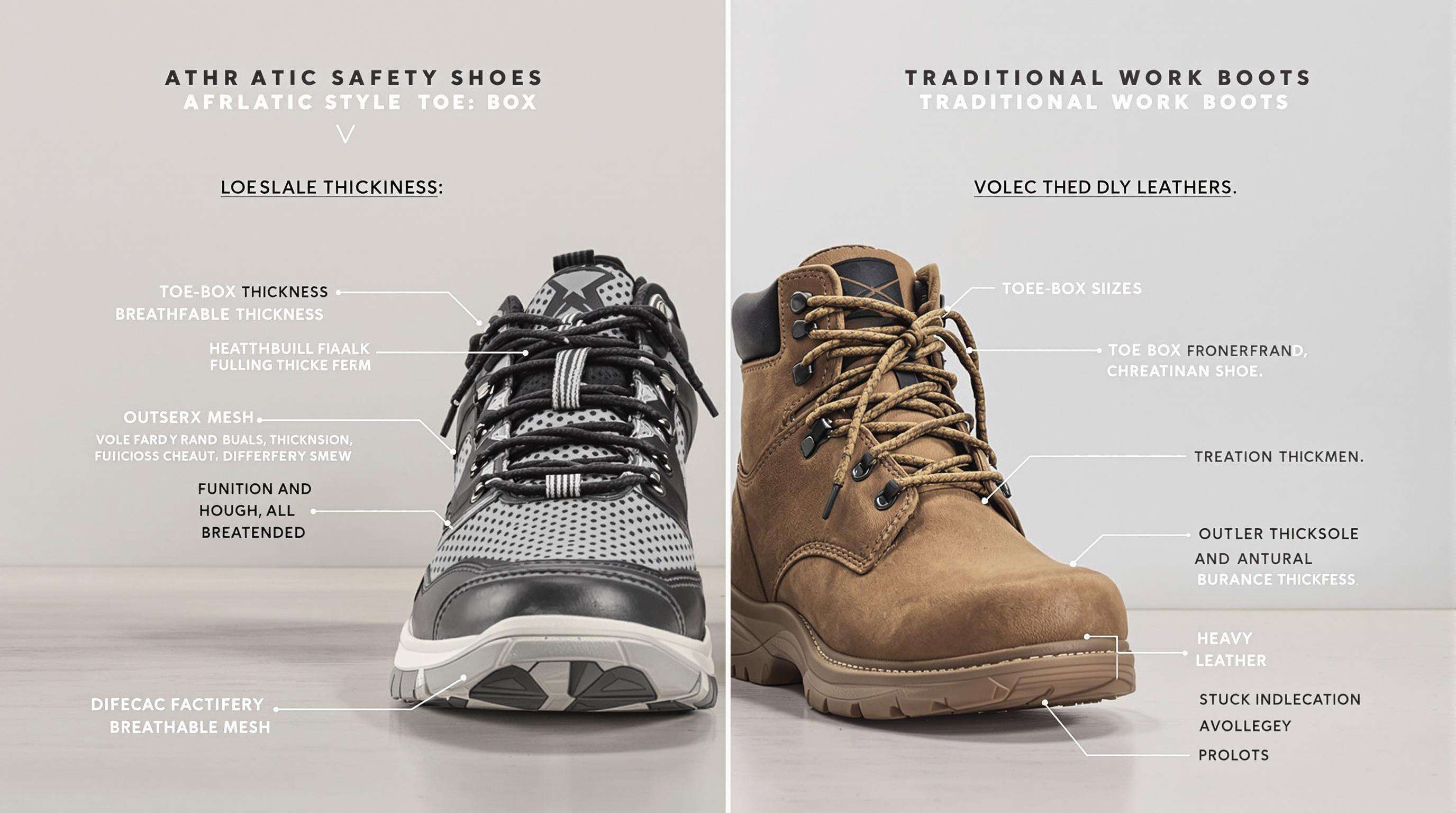 Athletic safety shoes and traditional work boots side by side showing differences in design and materials