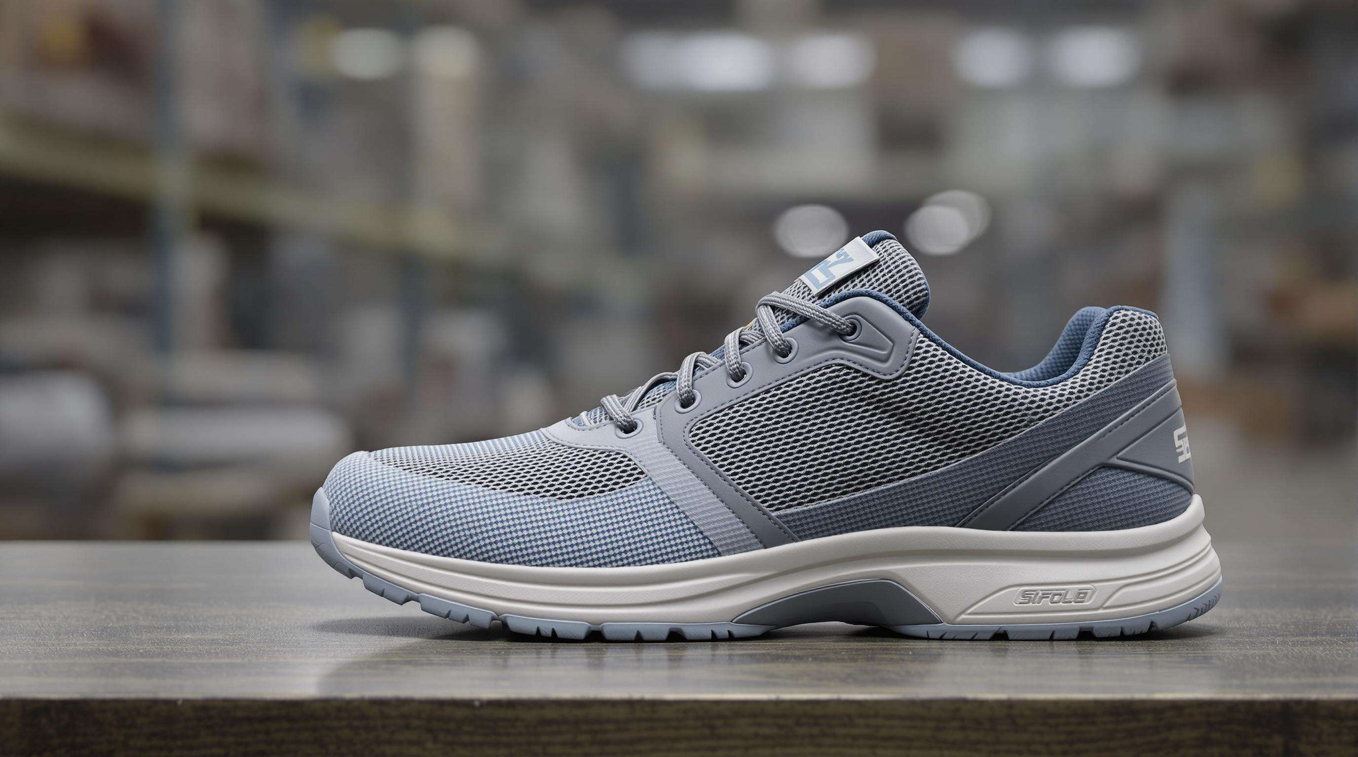 Athletic safety shoes with mesh, knit, and composite materials highlighting lightweight, breathable construction