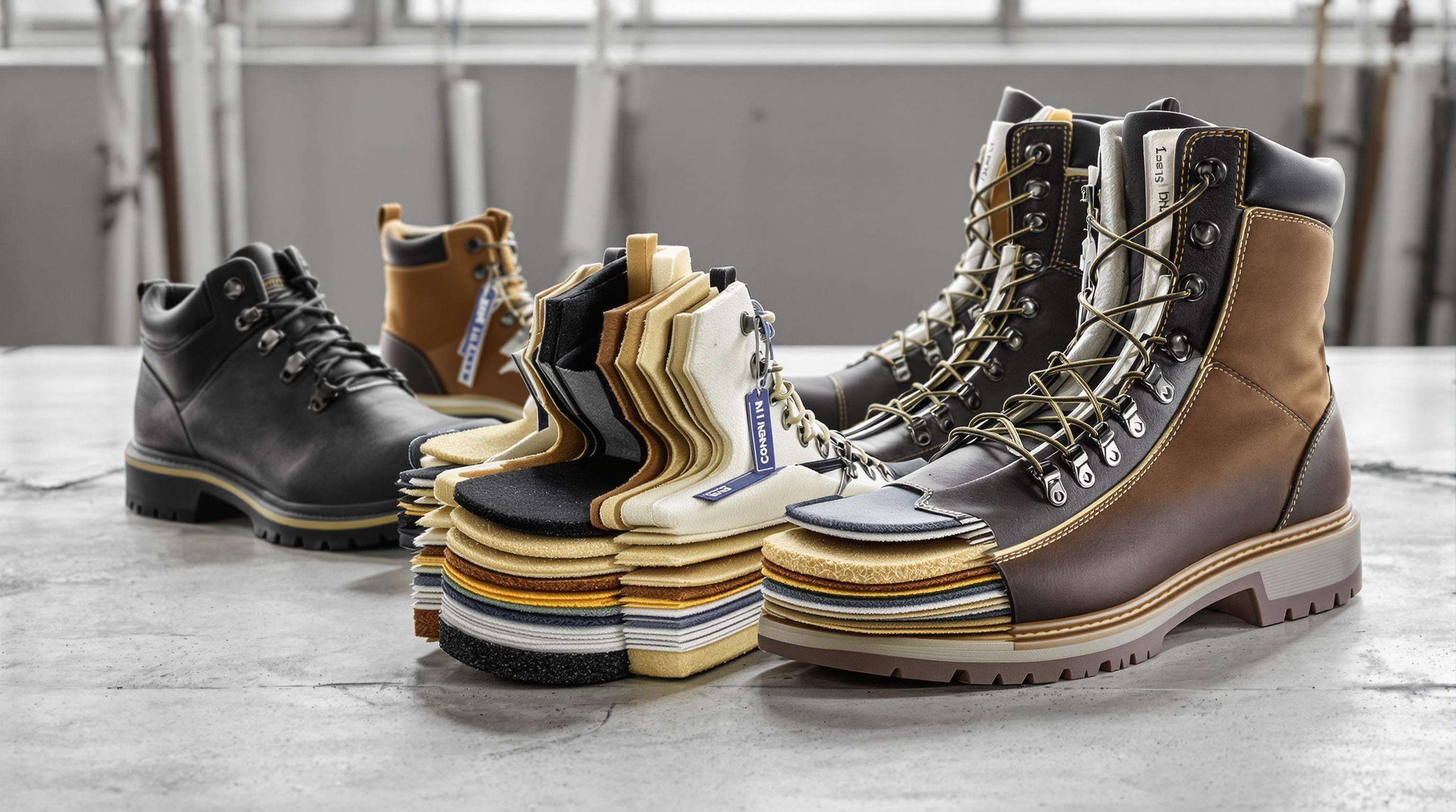 Assortment of work boots showing cutaway views of different materials and sole types
