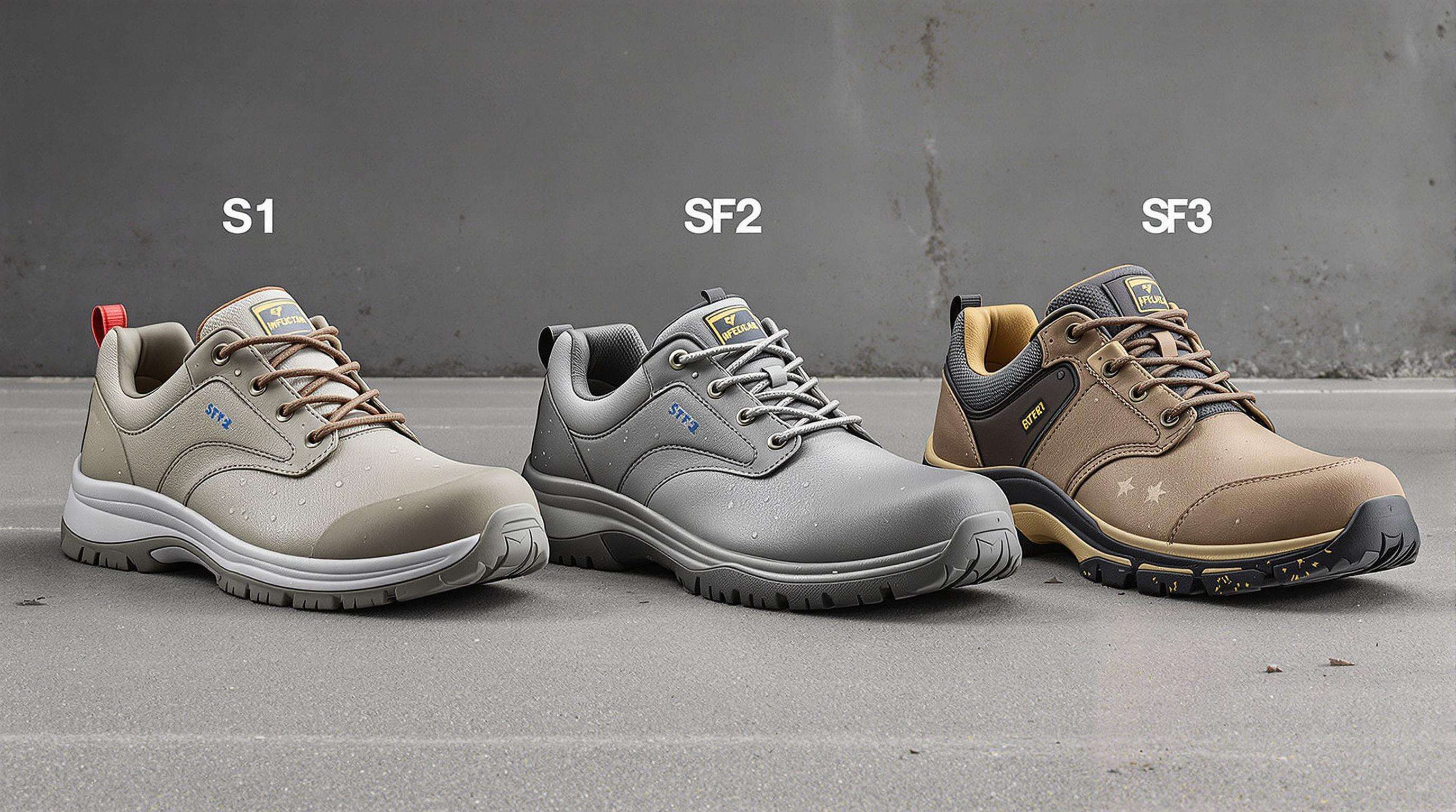 Three types of safety shoes—S1, S2, and S3—displayed on an industrial surface, emphasizing their visible differences.