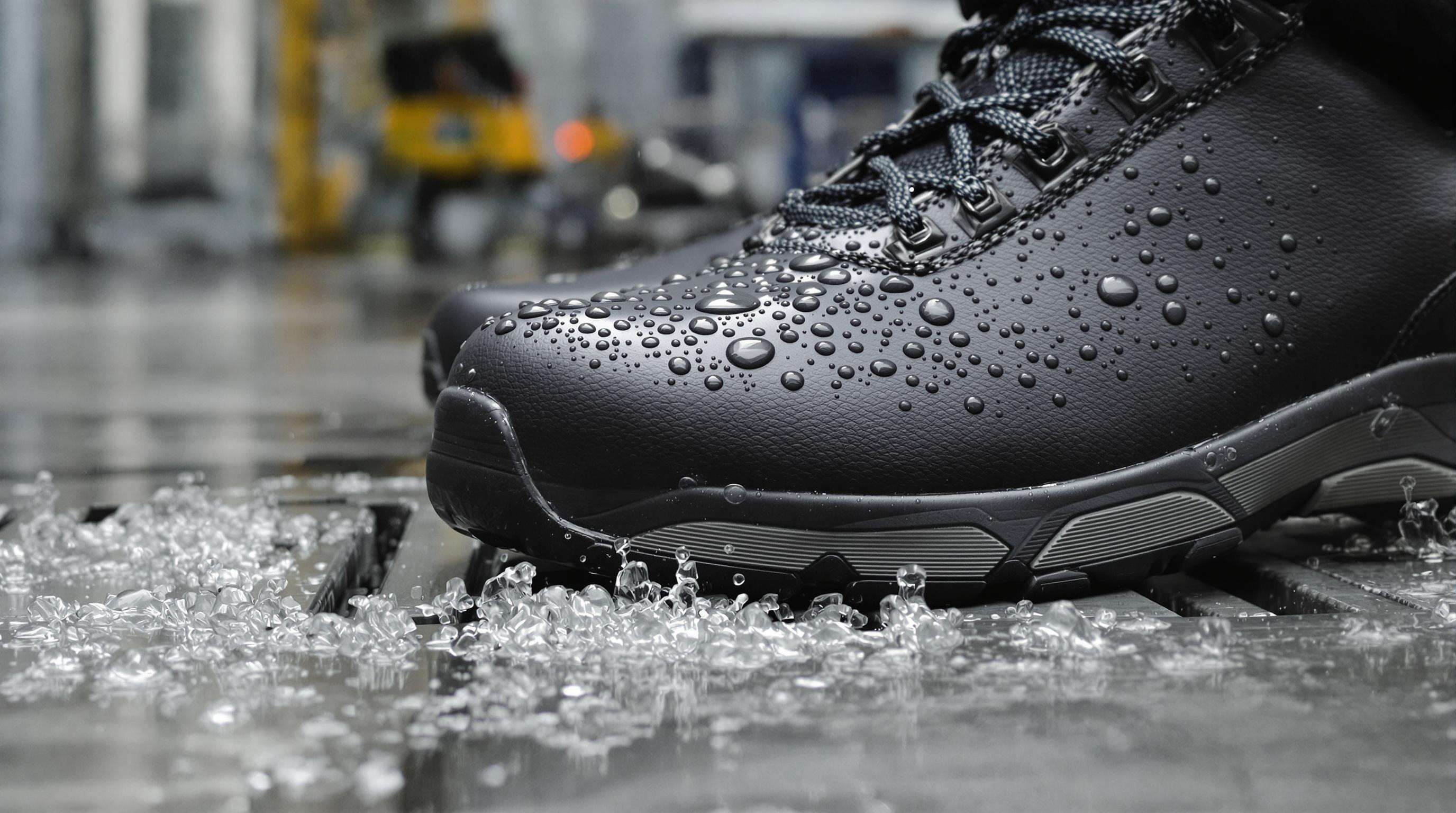PU leather safety sneaker repelling water droplets on an industrial floor