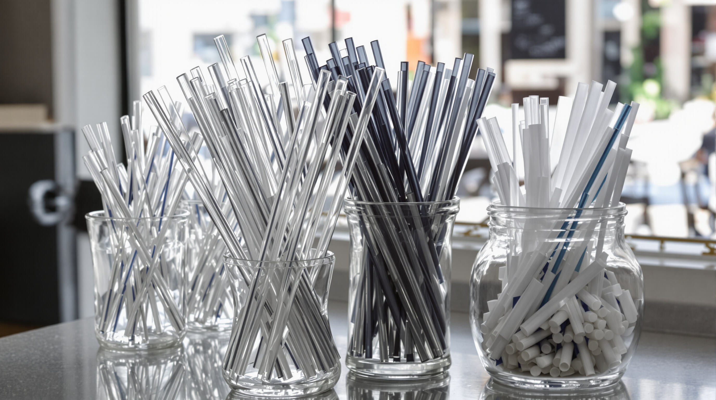 Glass straws displayed next to a jar of discarded plastic straws in a cafe setting