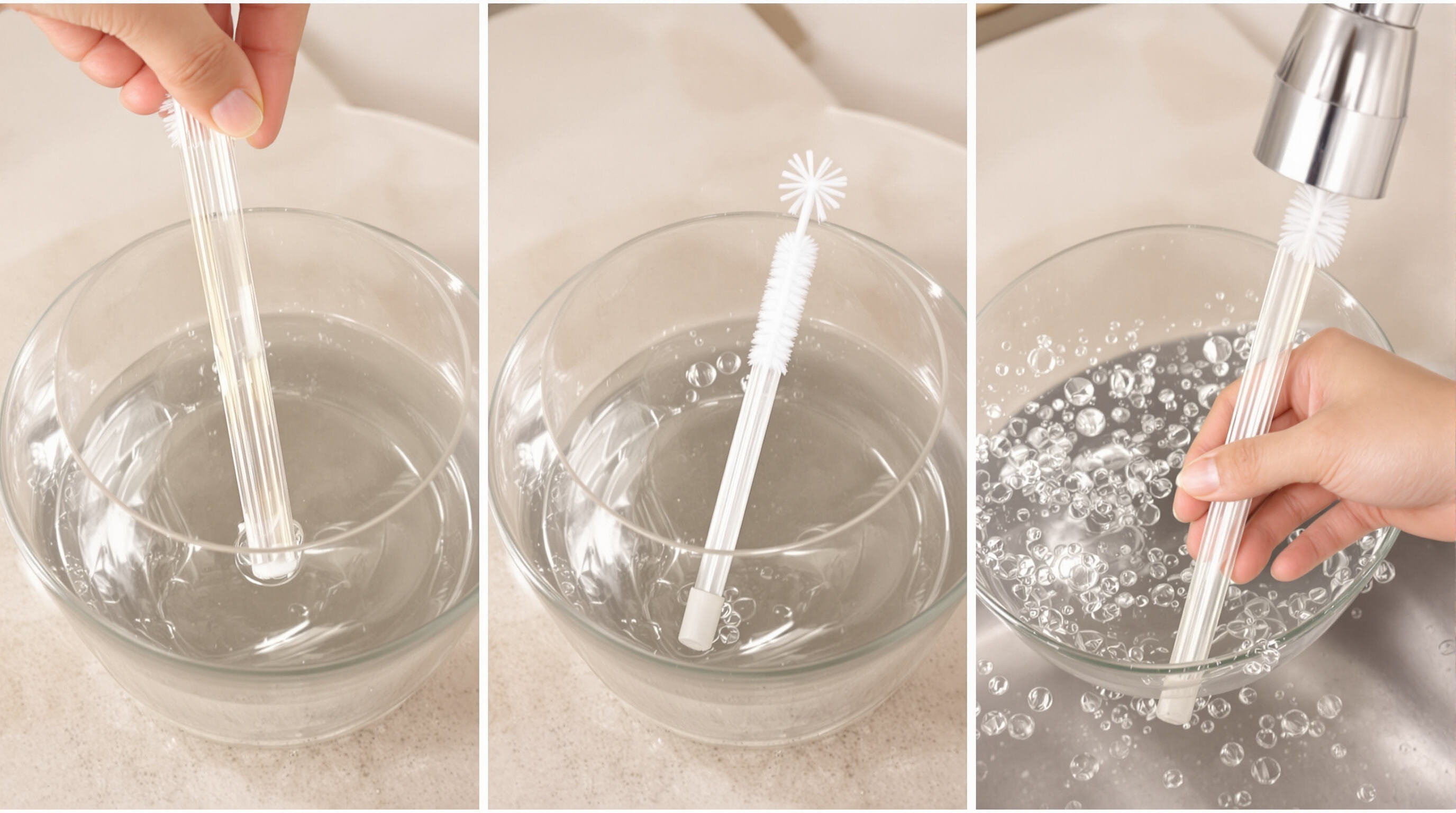 Three stages of cleaning a glass straw with a straw brush: soaking, brushing, and rinsing under water