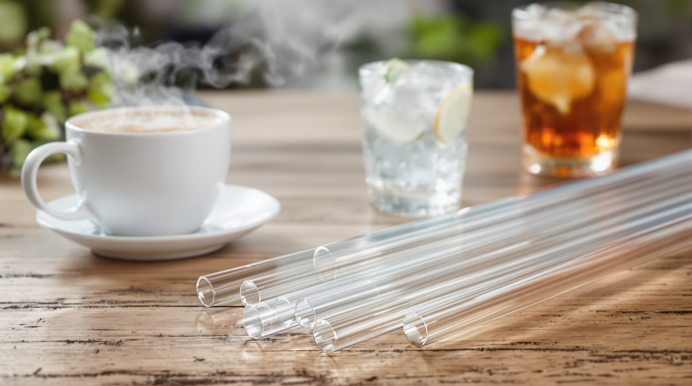 Borosilicate glass straws beside hot and cold drinks, showing durability and safety features