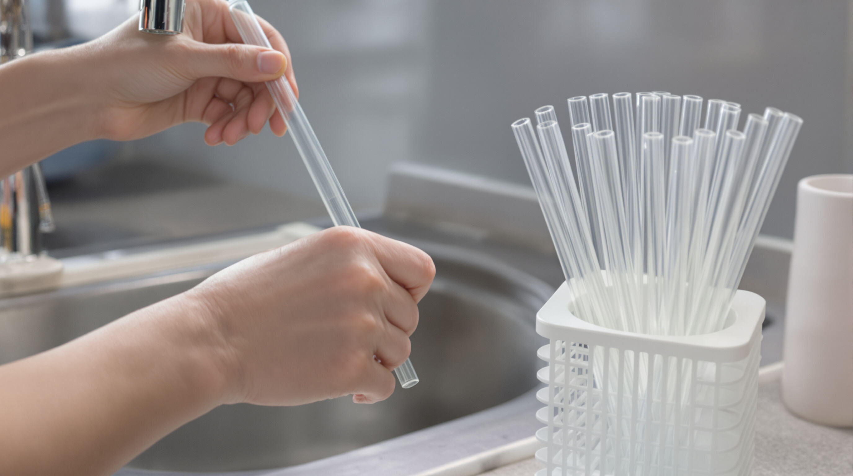 Hands cleaning glass straws and air-drying them in a ventilated holder