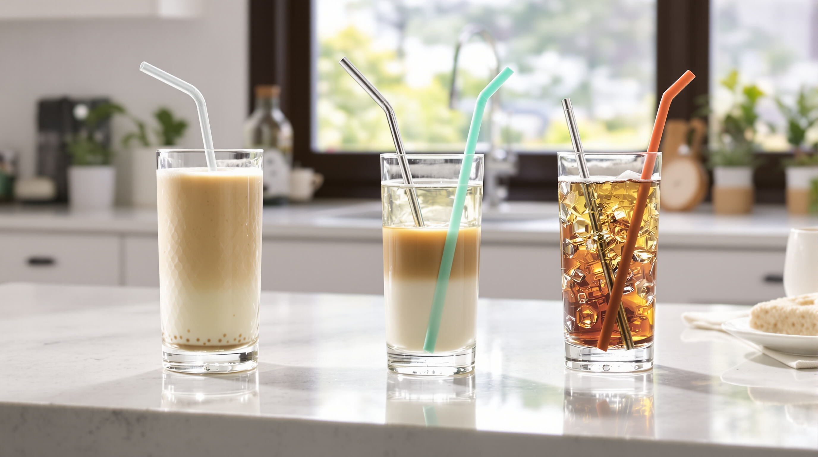Three reusable straws of different materials in beverages, highlighting glass, stainless steel, and silicone options