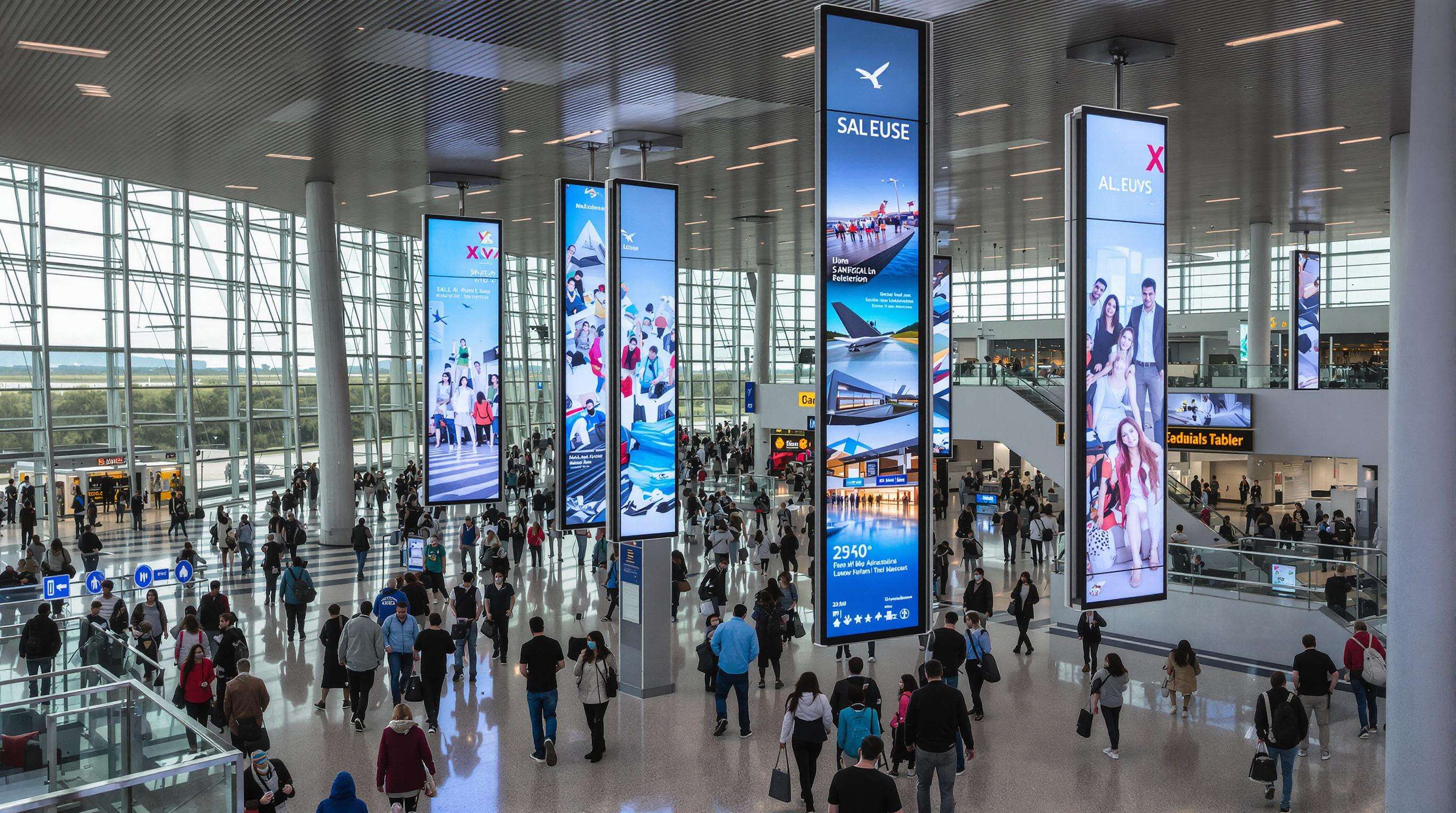 Clear, readable LED screens in a glass-heavy airport concourse with people passing by