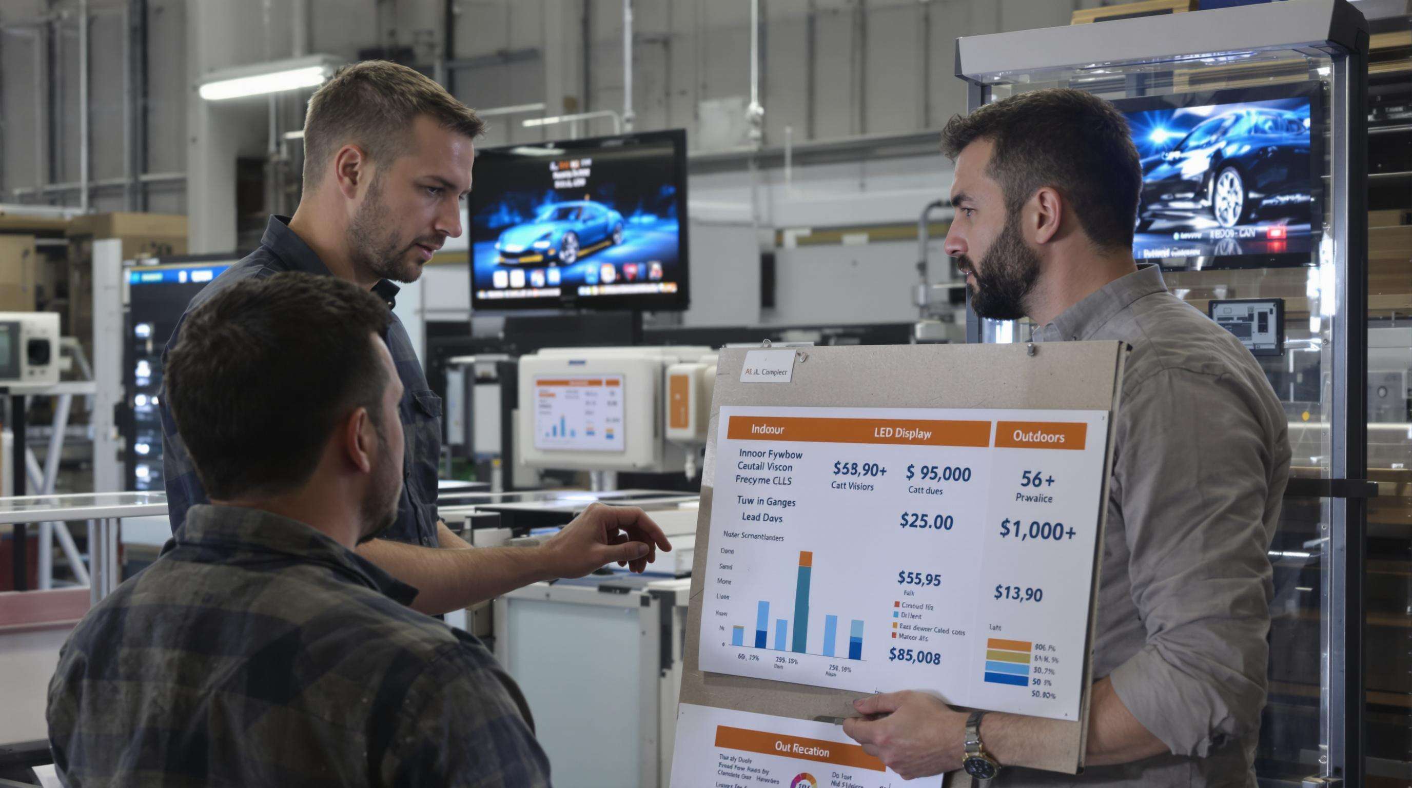 Small business owners comparing indoor and outdoor LED display hardware in a workshop